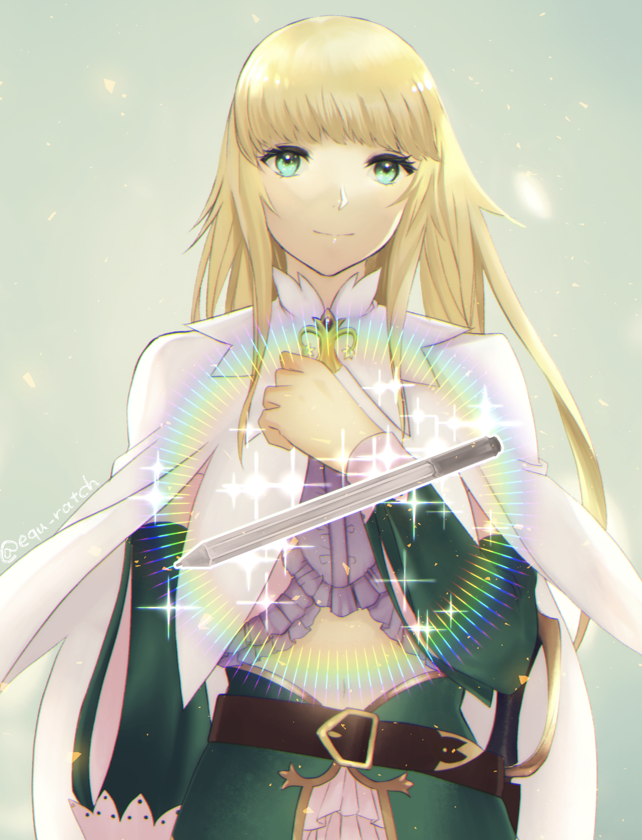 eagret, chevalier d'eon (fate), chevalier d'eon (maid knight) (fate), fate/grand order, fate (series), commentary request, highres, 1other, androgynous, aqua eyes, blonde hair, blunt bangs, eyelashes, hand on own chest, light smile, long hair, mechanical pencil, pencil, solo, upper body