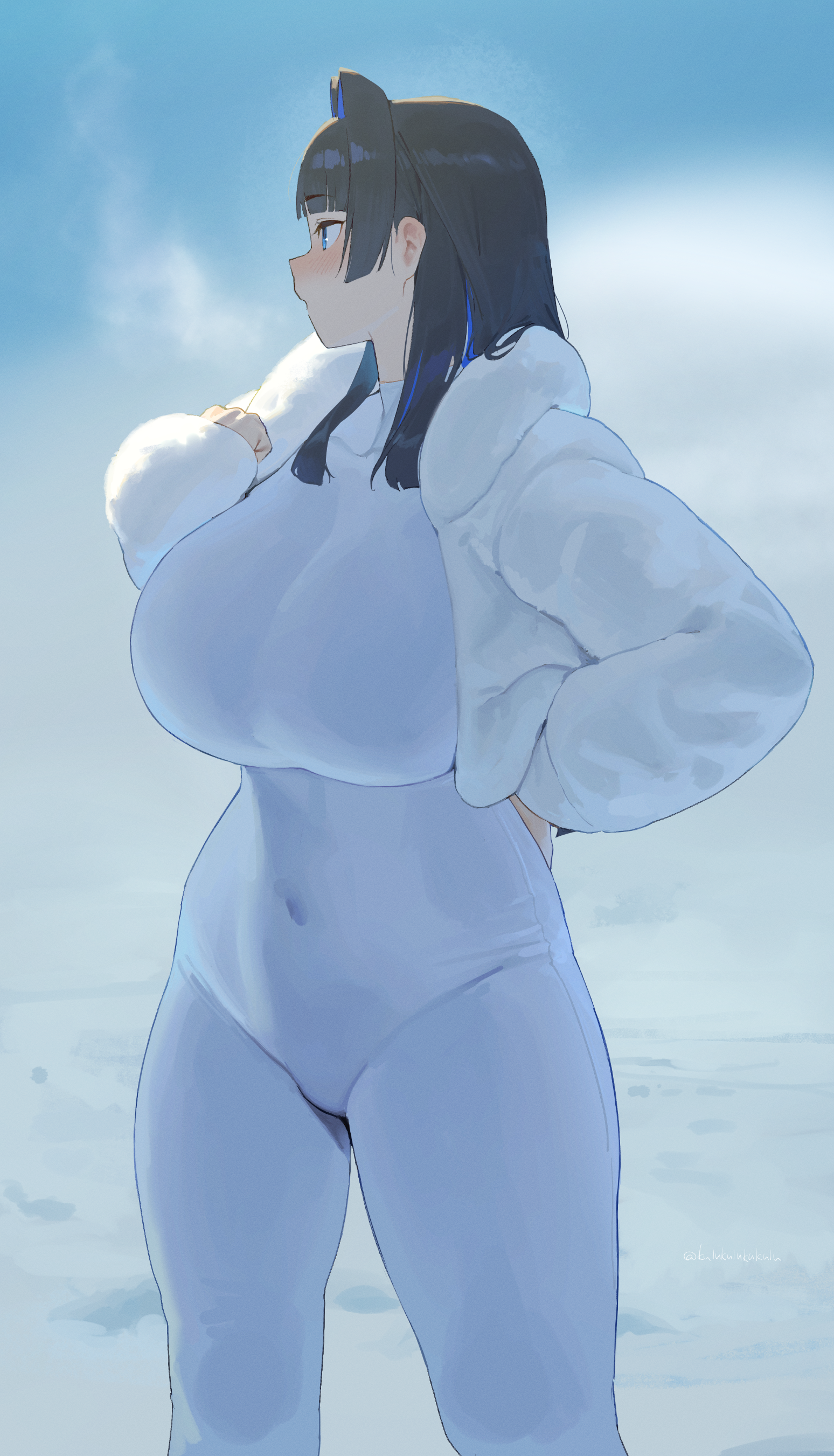 frikulu, ouro kronii, hololive, hololive english, absurdres, commentary request, highres, 1girl, alternate body size, alternate breast size (larger), arm behind back, black hair, blue eyes, blue hair, blunt bangs, blush, bodysuit, breasts, clenched hand, cloud, cloudy sky, covered collarbone, covered navel, cowboy shot, curvy, fluffy clothes, hair intakes, hand on own hip, hand up, hime cut, huge breasts, jacket, legs apart, long hair, looking afar, looking ahead, multicolored hair, navel, nipples, open clothes, open jacket, outdoors, parted lips, skin tight, sky, snow, standing, steam, straight hair, tight clothes, twitter username, two-tone hair, virtual youtuber, white bodysuit, white jacket