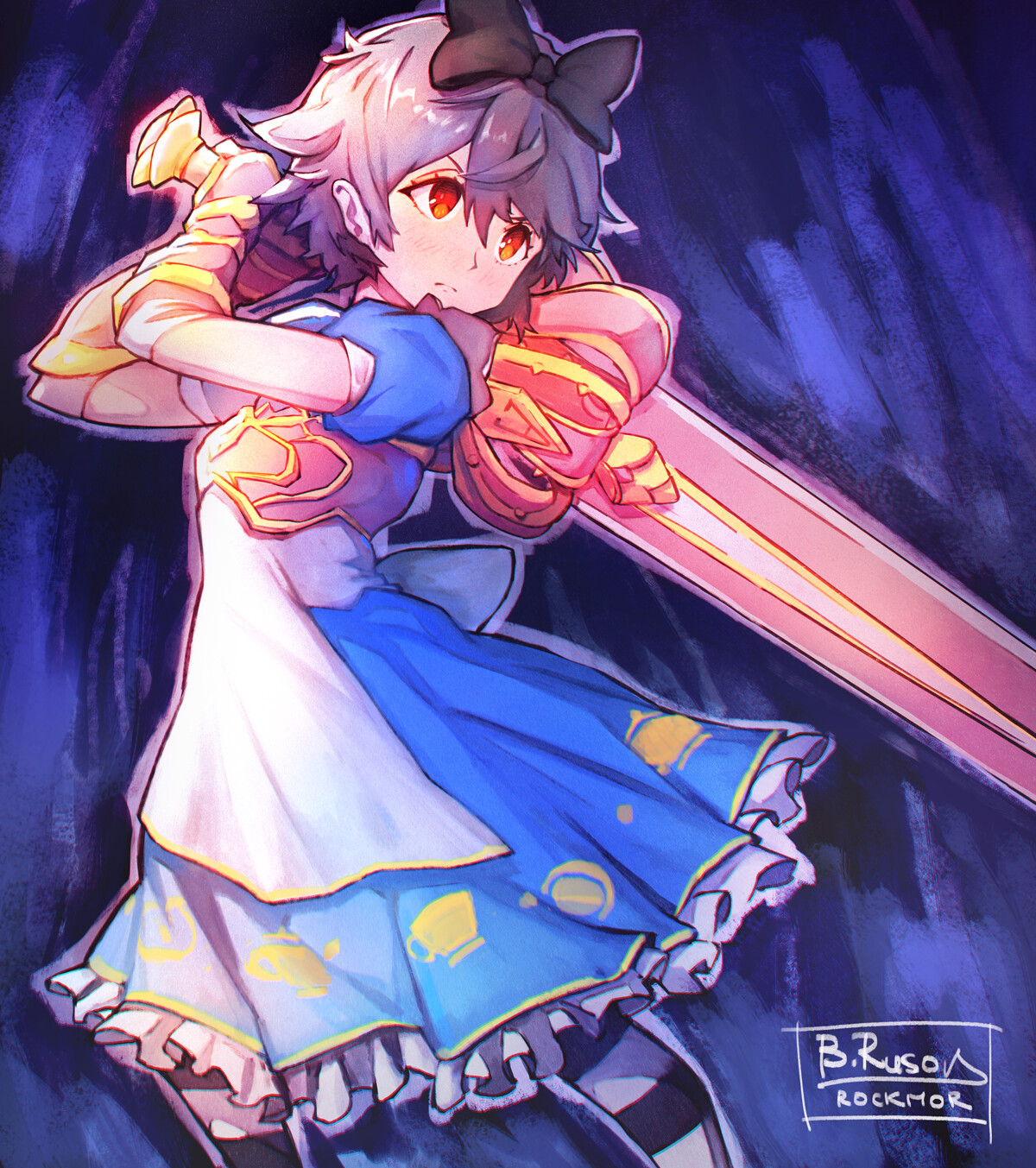 rockmor, kimiyoshi kazuho, higurashi no naku koro ni, highres, non-web source, 1girl, artist name, black bow, blue background, blue dress, blush, bow, breasts, brown eyes, closed mouth, dress, gauntlets, gloves, grey hair, hair between eyes, hair bow, holding, holding sword, holding weapon, light frown, puffy short sleeves, puffy sleeves, short hair, short sleeves, solo, standing, sword, weapon, white gloves