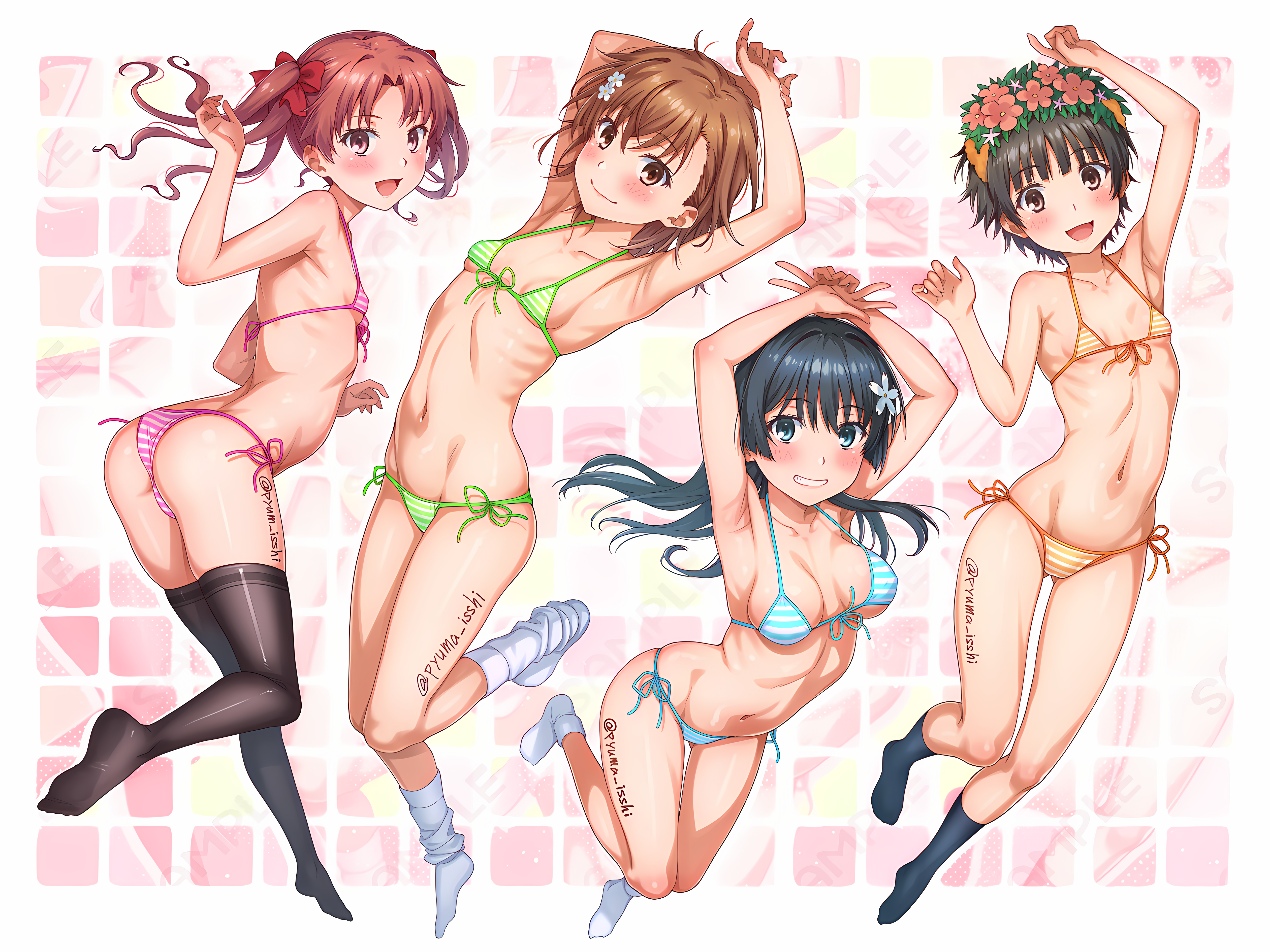 isshi pyuma, misaka mikoto, saten ruiko, shirai kuroko, uiharu kazari, toaru kagaku no railgun, toaru majutsu no index, absurdres, highres, non-web source, breasts, loli, petite, small breasts, swimsuit