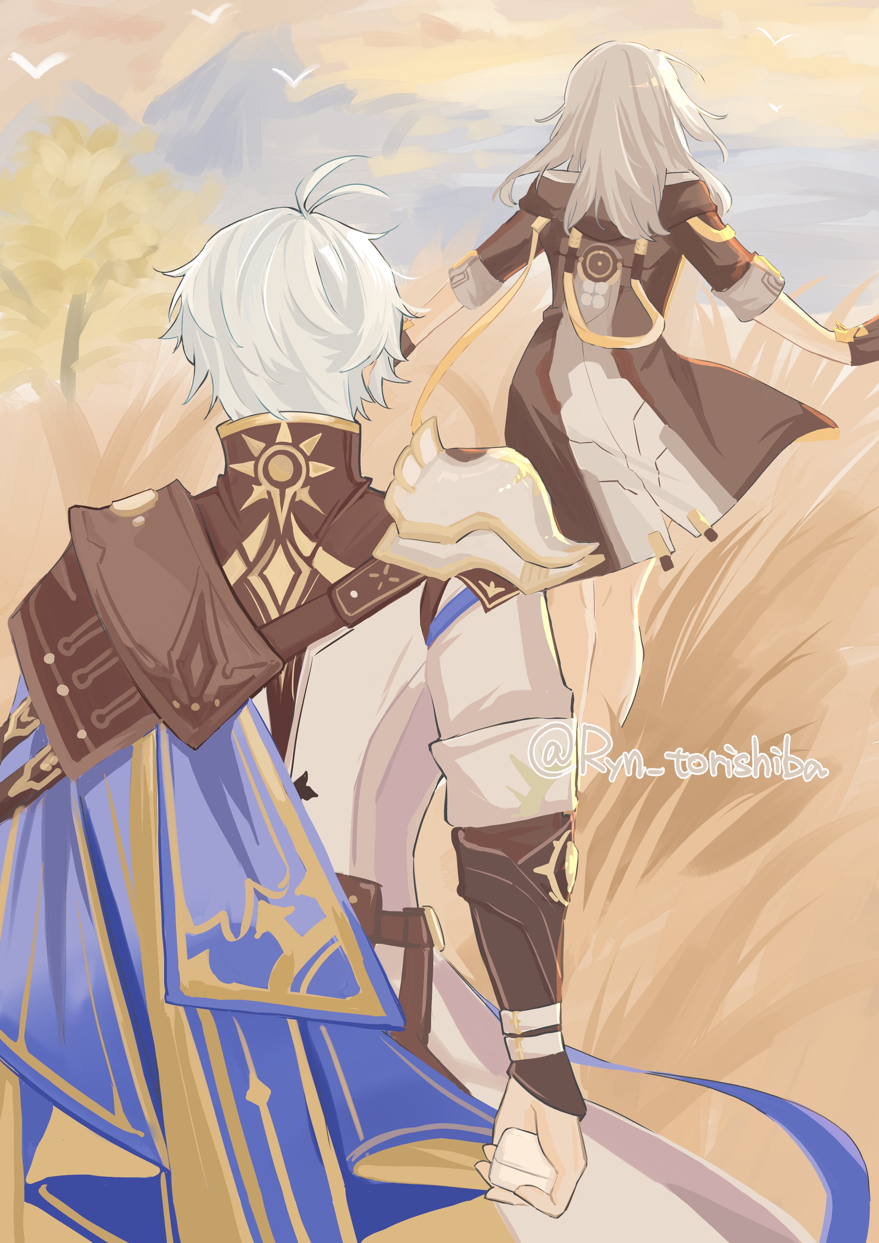 phainon (honkai: star rail), stelle (honkai: star rail), trailblazer (honkai: star rail), honkai: star rail, honkai (series), absurdres, commentary request, highres, 1boy, 1girl, antenna hair, armor, black gloves, black jacket, box, from behind, gloves, grey hair, holding, holding box, jacket, long hair, mountainous horizon, outdoors, pauldrons, ring box, ryn torishiba, short hair, shoulder armor, single pauldron, tree, twitter username, wheat field, white hair