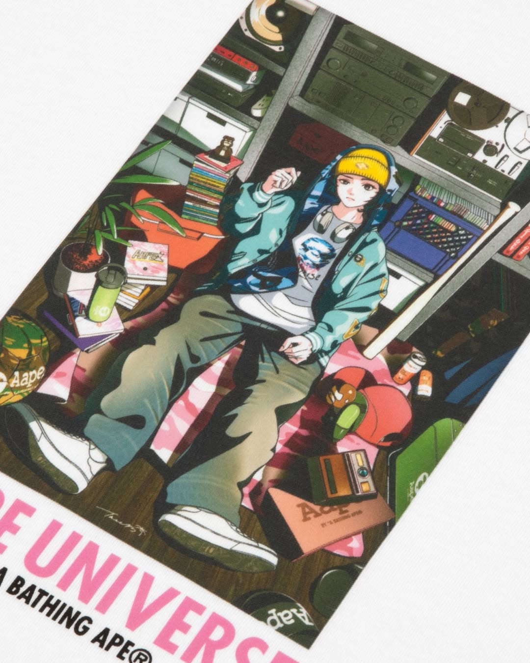 tree 13, commentary, english commentary, highres, official art, photo (medium), 1girl, a bathing ape, aldo (a bathing ape), ball, beanie, black pants, blue hoodie, blue jacket, camera, camouflage, camouflage hoodie, can, cd case, figure, hat, hood, hoodie, jacket, letterboxed, logo, looking at viewer, pants, print shirt, sandals, shirt, shoe box, shoes, sitting, sneakers, soccer ball, solo, streetwear, tumbler, unworn hat, unworn headwear, unworn sandals, white shoes, yellow hat