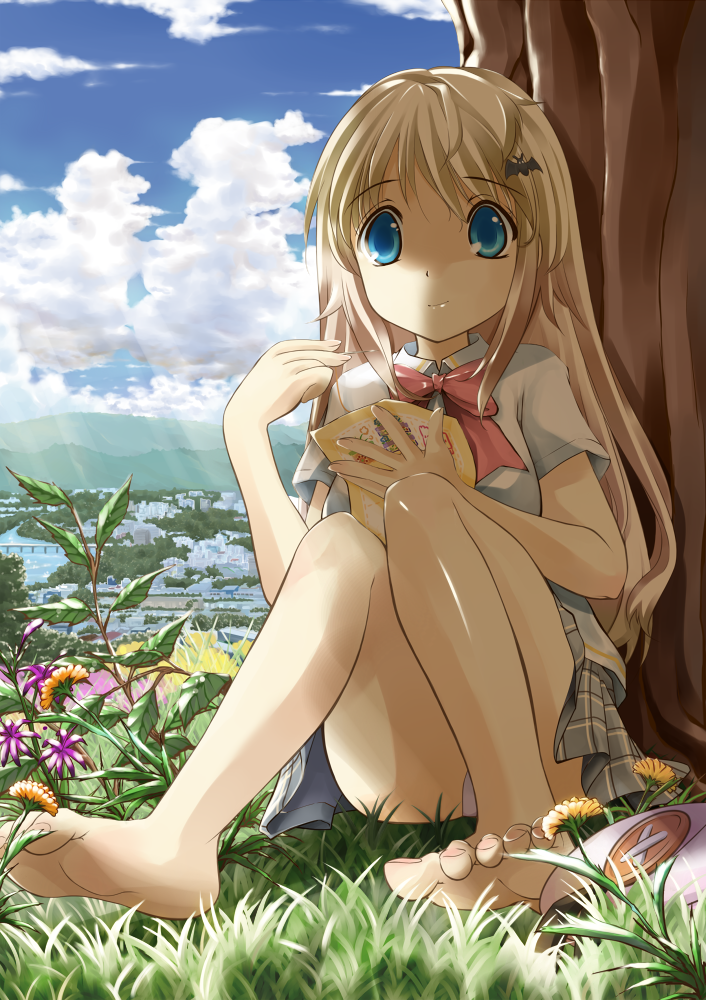 onaka sukisuki, noumi kudryavka, little busters!, bad id, bad pixiv id, 1girl, against tree, barefoot, blonde hair, blue eyes, cityscape, cloud, day, embroidery, feet, female focus, flower, foreshortening, grass, hat, light rays, long hair, nature, needle, outdoors, panties, paper, plaid clothes, plaid skirt, school uniform, sewing, shade, shadow, skirt, sky, soles, solo, sunbeam, sunlight, toes, tree, underwear, unworn hat, unworn headwear