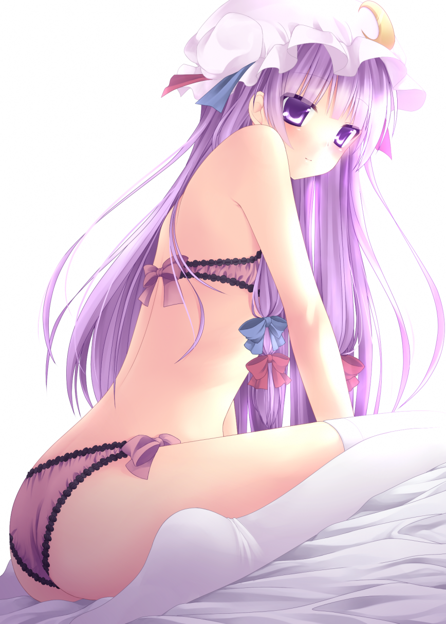 etou (cherry7), patchouli knowledge, touhou, bad id, bad pixiv id, highres, 1girl, ass, back, bare back, bare shoulders, bed, bra, crescent, female focus, hat, lingerie, long hair, panties, purple bra, purple eyes, purple hair, purple panties, sitting, solo, thighhighs, underwear