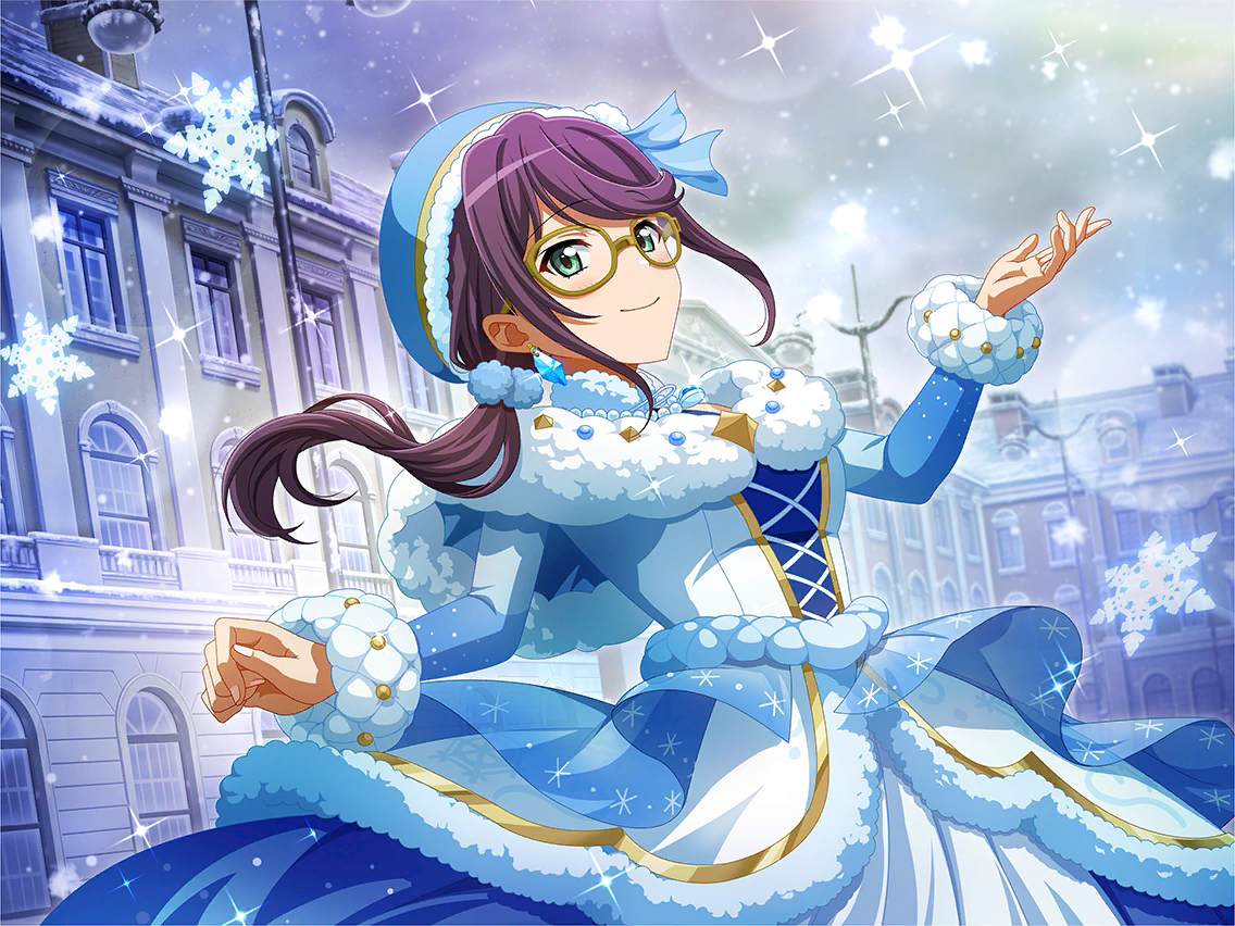hoshimi junna, shoujo kageki revue starlight, shoujo kageki revue starlight -re live-, game cg, official art, 1girl, blue hat, building, capelet, closed mouth, dress, fur capelet, green eyes, hand up, hat, long hair, long sleeves, looking at viewer, ponytail, purple hair, sidelocks, smile, snowflakes, solo, standing, upper body, white capelet, white dress