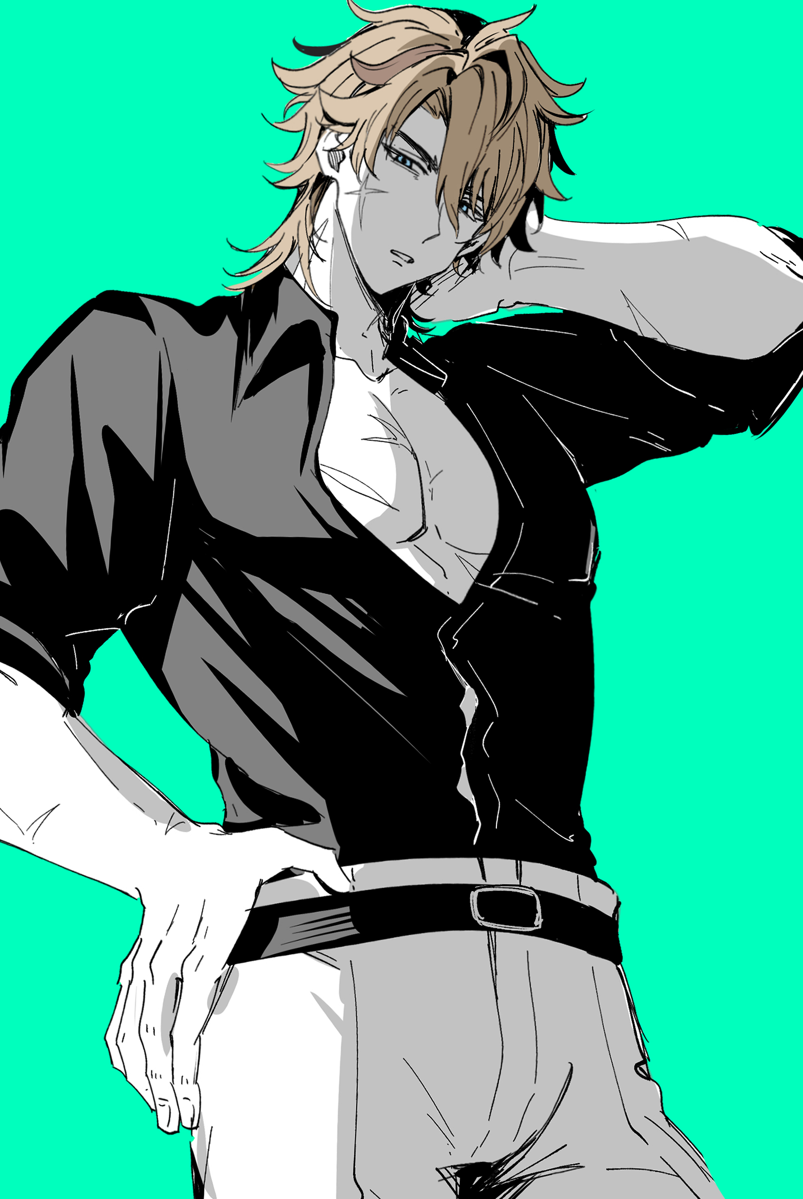 varka (genshin impact), genshin impact, commentary, highres, symbol-only commentary, 1boy, aqua background, arm up, belt, belt buckle, blonde hair, blue eyes, buckle, chuilan81, collarbone, collared shirt, facial scar, greyscale with colored background, hair between eyes, hand on own hip, hand on own neck, looking at viewer, looking down, male focus, multiple scars, open collar, pants, parted bangs, parted lips, pectoral cleavage, pectorals, scar, scar on arm, scar on cheek, scar on chest, scar on face, scar on neck, shirt, short hair, short sleeves, simple background, solo, spot color, standing, wing collar