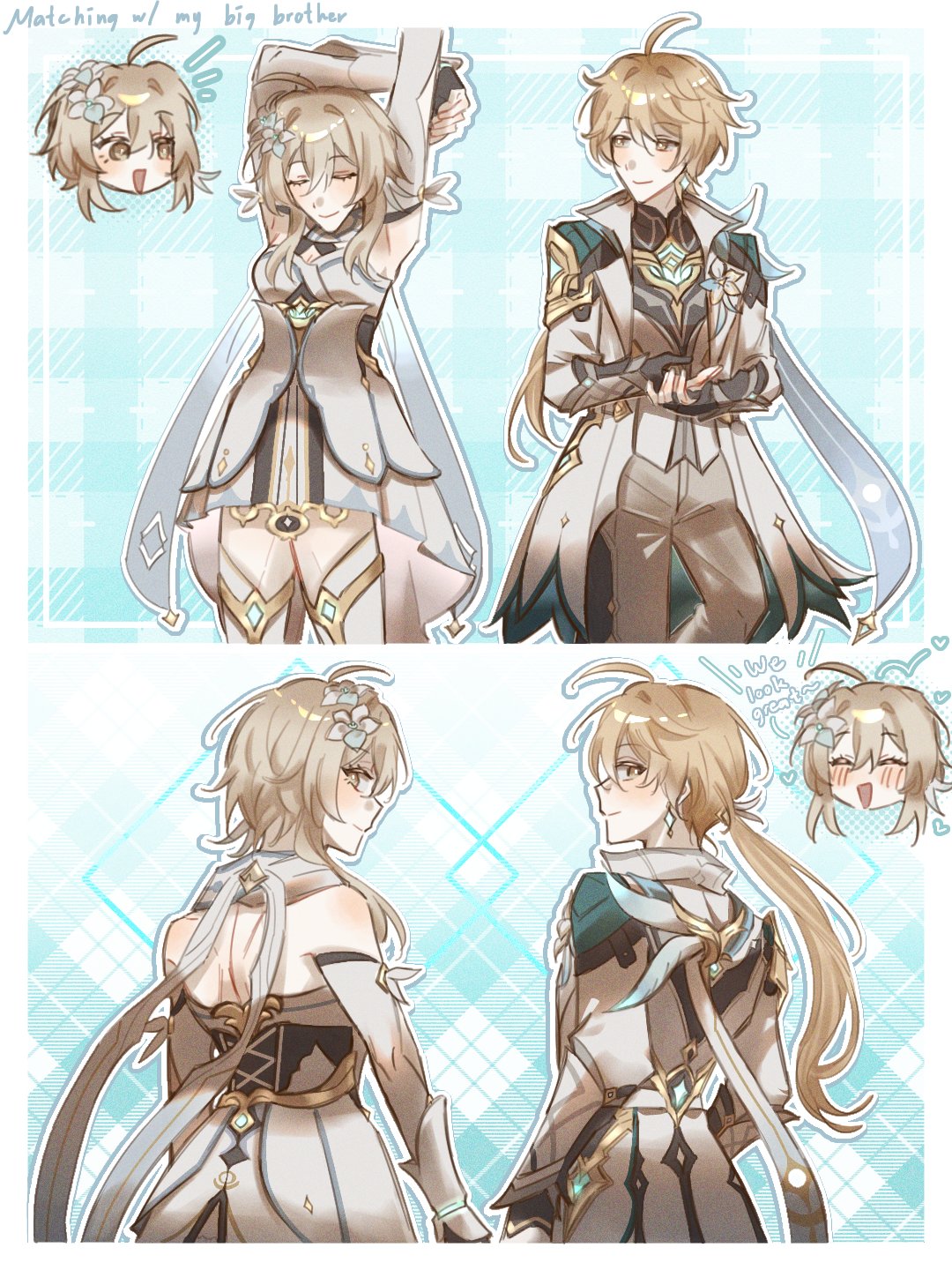 ayanime aya, aether (as heaven and earth are made anew) (genshin impact), aether (genshin impact), lumine (genshin impact), genshin impact, commentary, english commentary, highres, 1boy, 1girl, ahoge, arm armor, armpits, arms up, bare shoulders, black gloves, blonde hair, blue background, boots, breasts, brother and sister, chibi, chibi inset, cleavage, closed eyes, closed mouth, coat, cowboy shot, detached sleeves, dress, english text, fingerless gloves, flower, front and back, gloves, hair flower, hair ornament, long hair, looking at another, looking at viewer, looking back, medium breasts, official alternate costume, own hands together, pants, ponytail, short hair with long locks, siblings, smile, stretching, thigh boots, white boots, white coat, white dress, white pants, yellow eyes