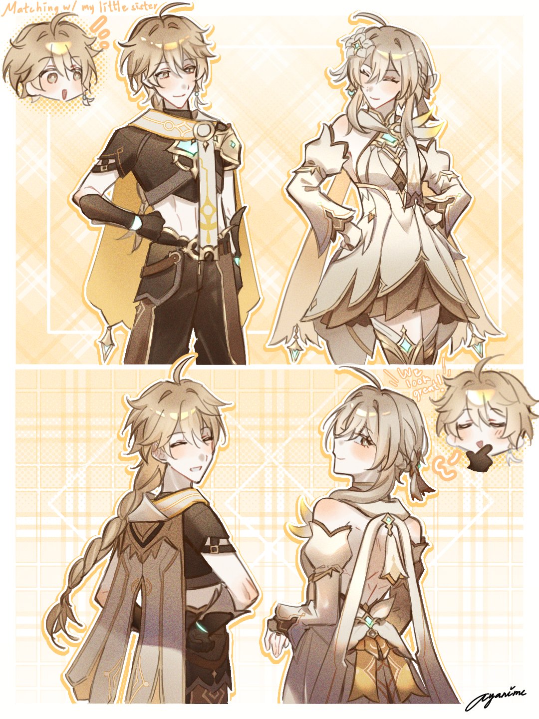ayanime aya, aether (genshin impact), lumine (as heaven and earth are made anew) (genshin impact), lumine (genshin impact), genshin impact, commentary, english commentary, highres, 1boy, 1girl, backless dress, backless outfit, bare shoulders, blonde hair, boots, braid, braided ponytail, breasts, brother and sister, brown boots, brown pants, brown shirt, chibi, chibi inset, closed eyes, closed mouth, cowboy shot, cropped shirt, detached sleeves, dress, earrings, english text, flower, front and back, gloves, grin, hair flower, hair ornament, hands on own hips, jewelry, long hair, looking at another, looking at viewer, looking back, medium breasts, midriff, official alternate costume, pants, ponytail, scarf, shirt, short hair with long locks, siblings, signature, single earring, smile, thigh boots, white dress, white scarf, yellow background, yellow eyes