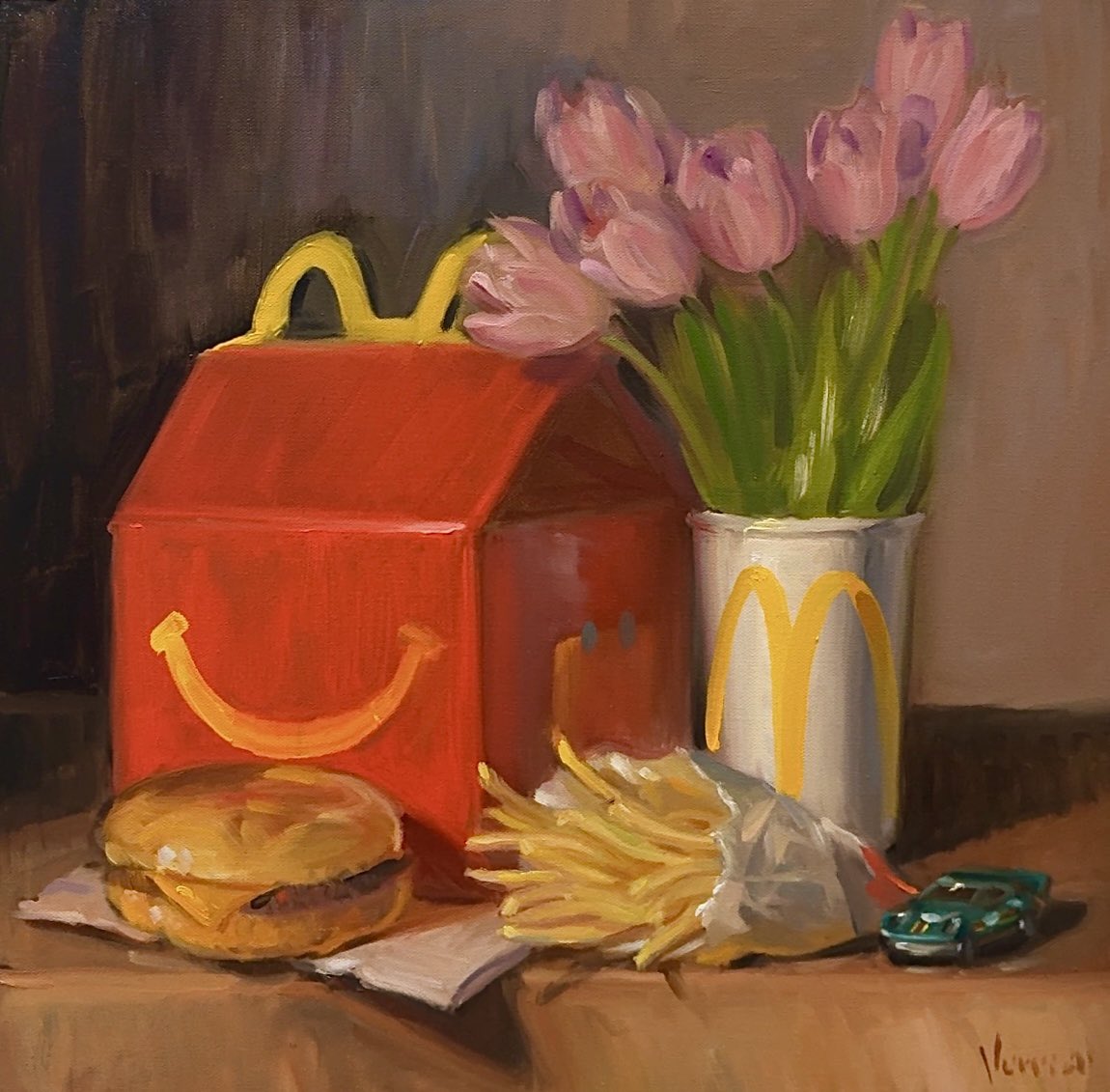 noah verrier, mcdonald's, original, commentary, english commentary, artist name, bread bun, burger, cheese, cup, disposable cup, fast food, flower, food, food focus, french fries, happy meal, no humans, pink flower, still life, toy car