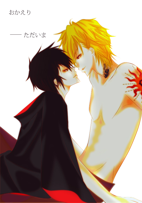 dino, dino cavallone, hibari kyouya, katekyo hitman reborn!, 2boys, black hair, blonde hair, eye contact, looking at another, male focus, multiple boys, simple background, sitting, tattoo, topless male, white background, yaoi