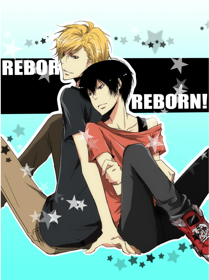 dino, dino cavallone, hibari kyouya, katekyo hitman reborn!, red footwear, 2boys, back-to-back, black hair, black pants, black shirt, blonde hair, brown eyes, male focus, multiple boys, pants, shirt, shoes, sitting, star (symbol), text focus