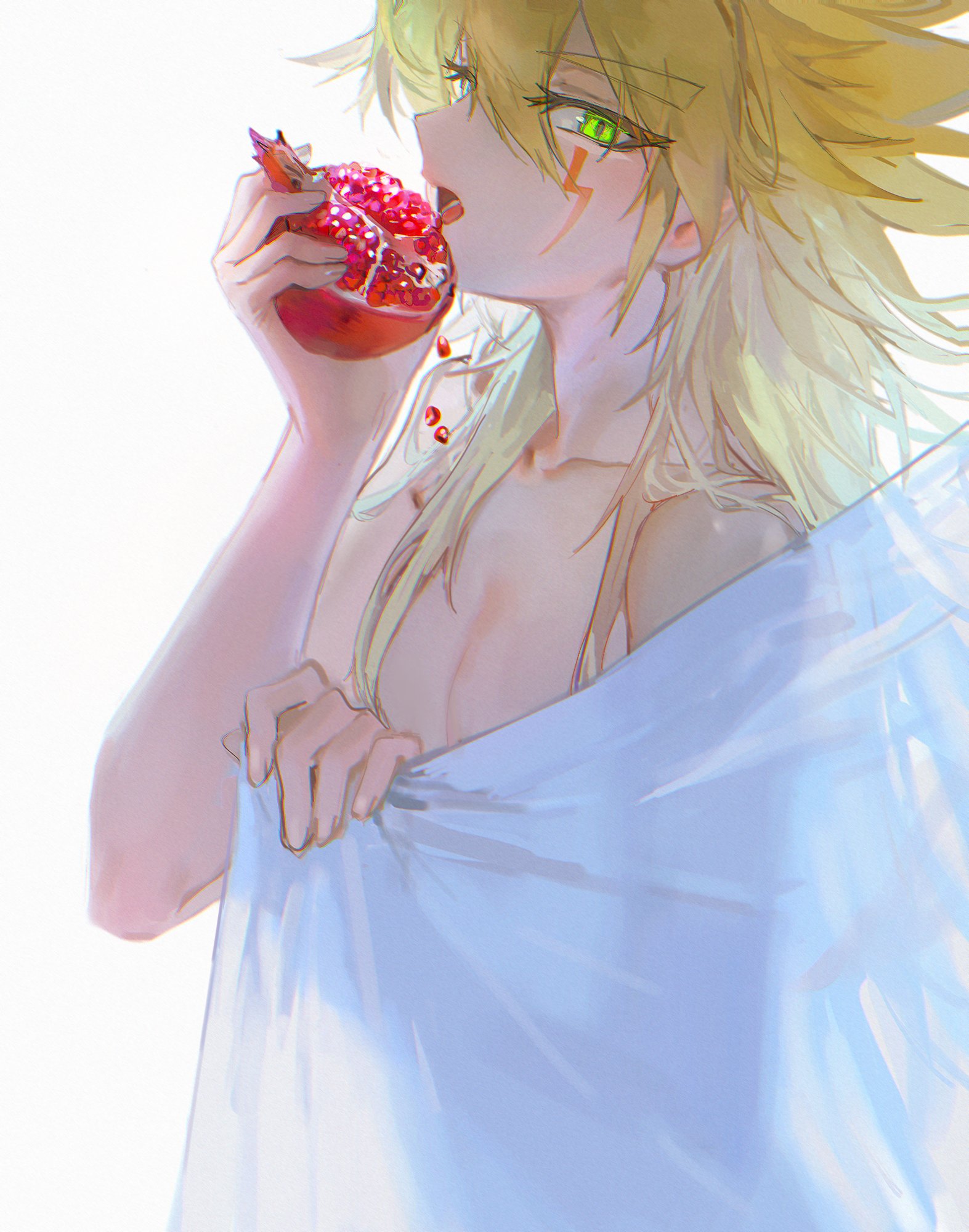 alien 888, kuaidul velgear, yu-gi-oh!, yu-gi-oh! go rush!!, highres, 1boy, antenna hair, arm up, blonde hair, blur censor, censored, completely nude, curtain grab, curtains, eating, facial mark, facing to the side, food, fruit, green eyes, hand to own mouth, holding, holding food, holding fruit, licking food, licking fruit, long hair, looking to the side, male focus, medium hair, nude, open mouth, pomegranate, see-through curtains, spiked hair, topless male, white background