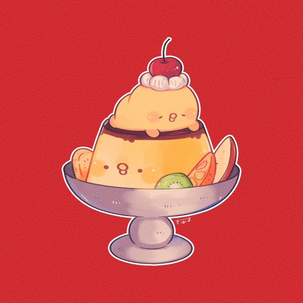 tenmiyakiyo, original, commentary, symbol-only commentary, apple, apple slice, baby animal, bird, cherry, chick, chicken, closed eyes, food, food focus, food on head, fruit, kimipiyo (tenmiyakiyo), kiwi (fruit), kiwi slice, no humans, object on head, orange (fruit), orange slice, pudding, red background, solo