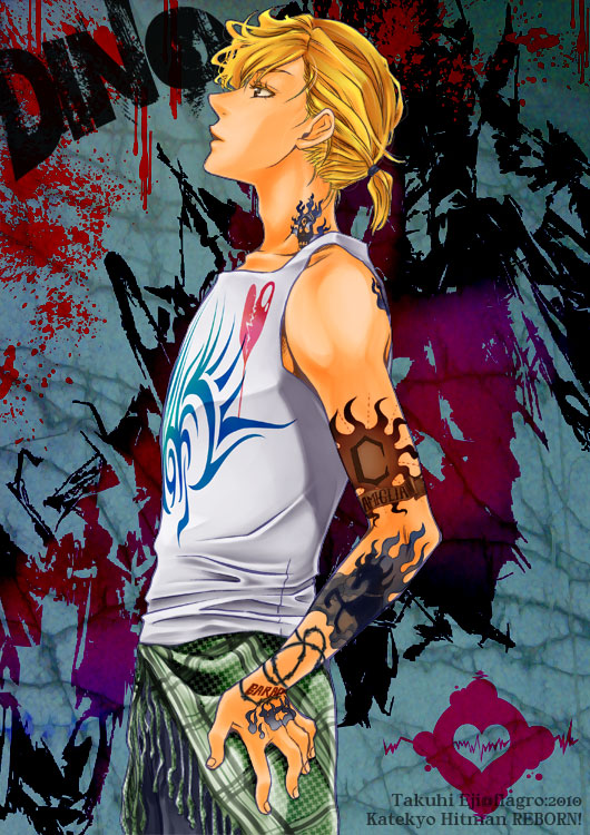 dino, dino cavallone, katekyo hitman reborn!, 1boy, blonde hair, dated, hand on own hip, heart, hip focus, male focus, solo, tattoo, text focus