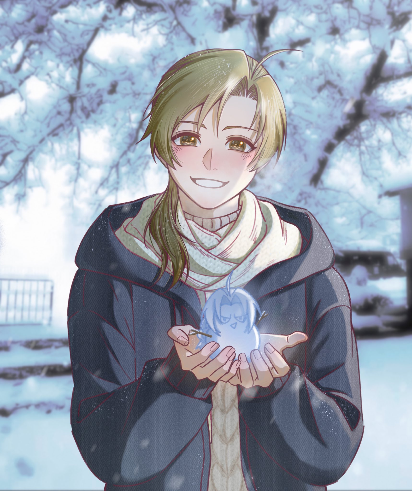 alphonse elric, edward elric, fullmetal alchemist, commentary request, highres, 1boy, ahoge, blonde hair, blurry, blurry background, blush, coat, contemporary, happy, holding snowman, long hair, looking at viewer, male focus, natsuru0311, outdoors, scenery, smile, snow, snowman, solo, teeth, tree, upper body, winter, winter clothes, winter coat, yellow eyes