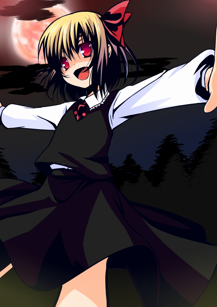 nigo (aozoragarou), rumia, embodiment of scarlet devil, touhou, 1girl, blonde hair, female focus, hair ribbon, moon, nature, outdoors, outstretched arms, red eyes, red moon, ribbon, short hair, sky, solo, spread arms