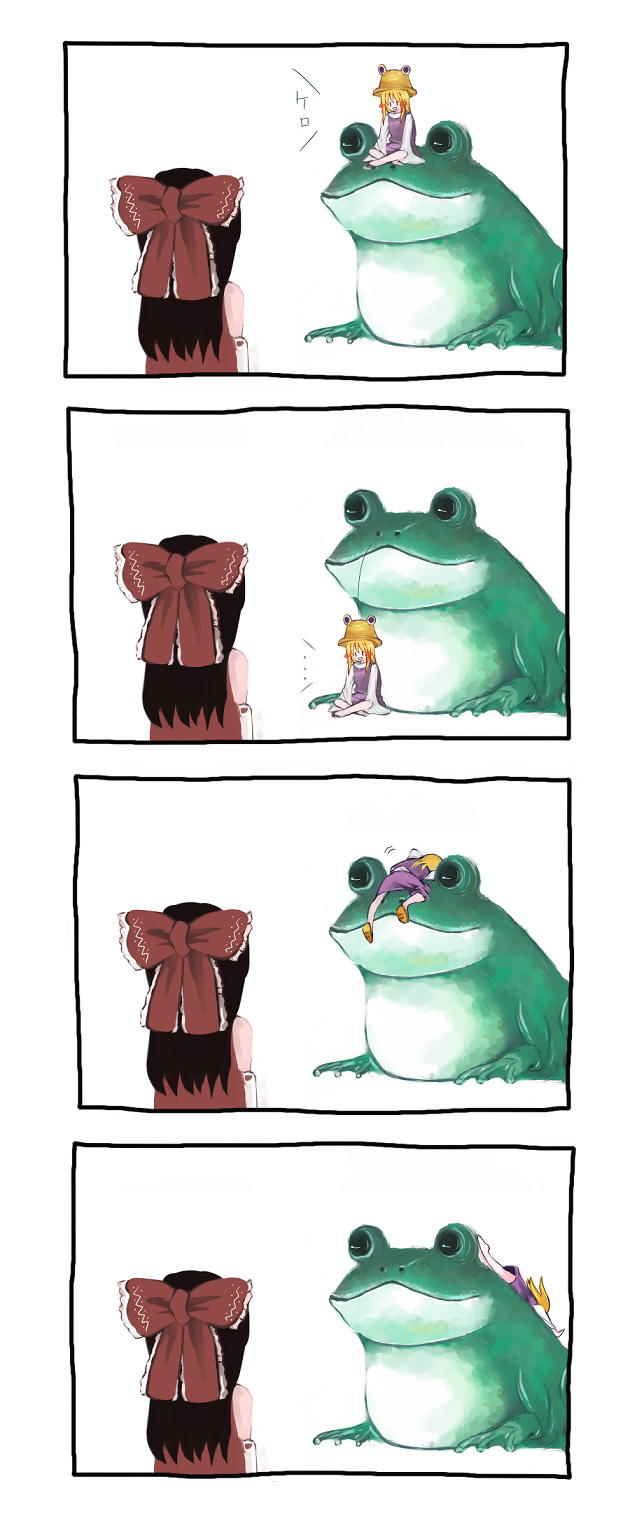 kakir, hakurei reimu, moriya suwako, touhou, highres, 4koma, back, comic, female focus, frog, ribbon, silent comic