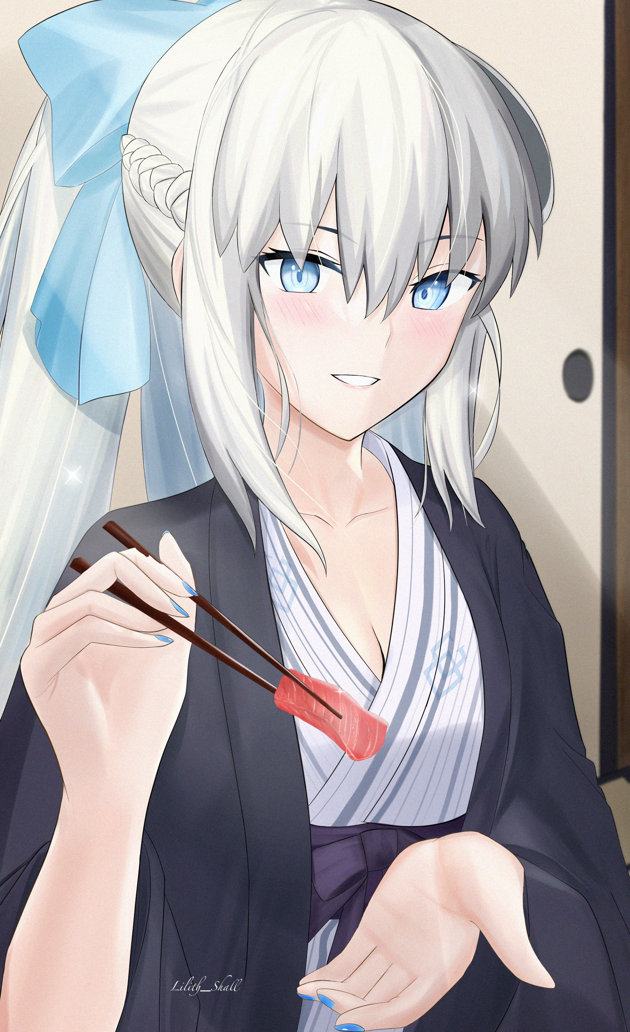morgan le fay (fate), fate/grand order, fate (series), absurdres, commentary request, highres, 1girl, bath yukata, blue eyes, blue lips, blush, bow, braid, breasts, center opening, chopsticks, cleavage, collarbone, feeding, grey hair, hair between eyes, hair bow, holding, holding chopsticks, japanese clothes, kimono, large breasts, long hair, looking at viewer, ponytail, ryokan, sidelocks, smile, solo, very long hair, white hair, yukata