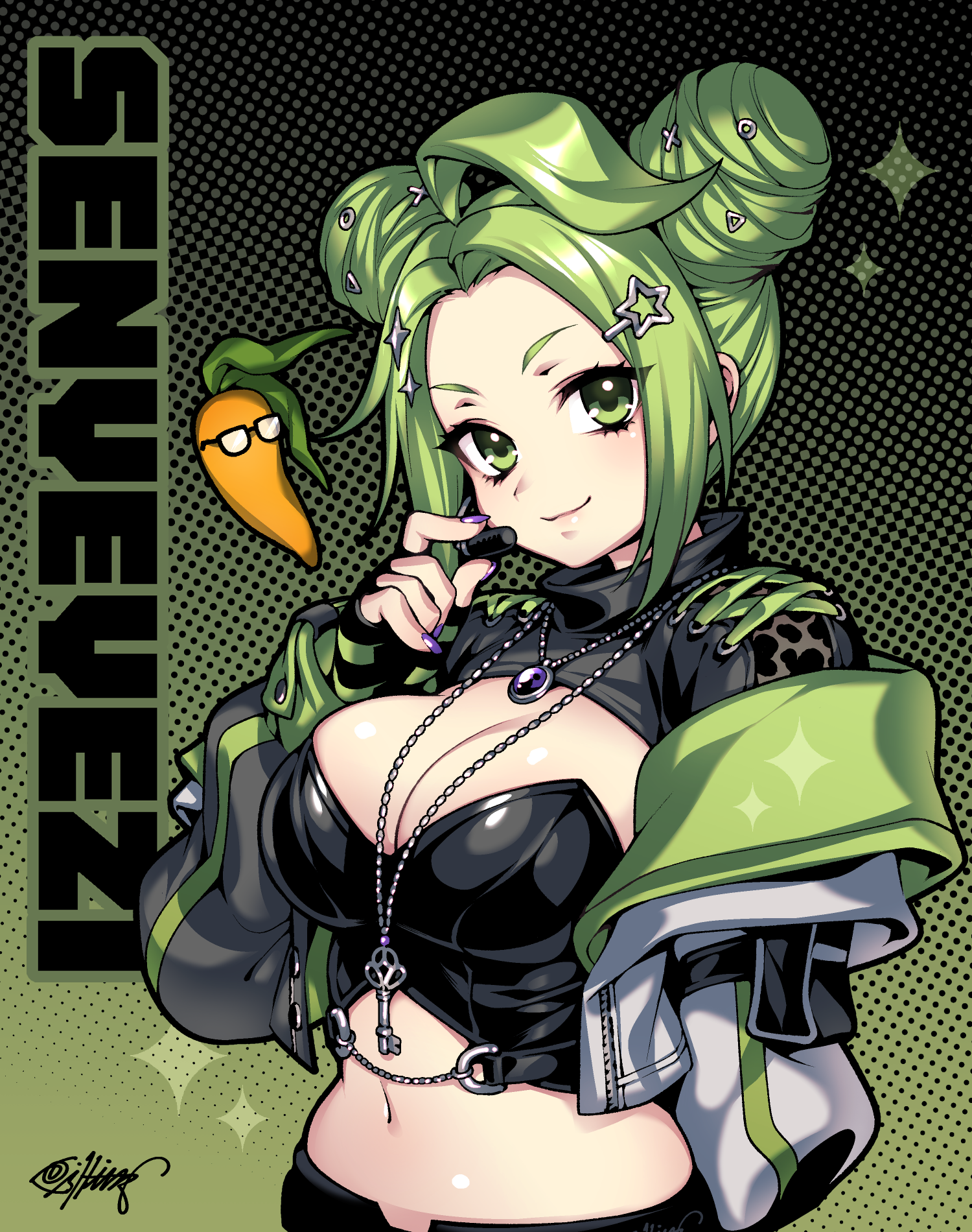 fishine, indie virtual youtuber, commentary, english commentary, highres, 1girl, black-framed eyewear, black corset, breasts, carrot, cleavage, closed mouth, corset, cropped jacket, forehead, glasses, green eyes, green hair, green jacket, hair ornament, hairpin, jacket, jewelry, key, key necklace, large breasts, long hair, long sleeves, looking at viewer, multiple hairpins, navel, necklace, pants, purple nails, rectangular eyewear, senyeyezi, solo, standing, virtual youtuber