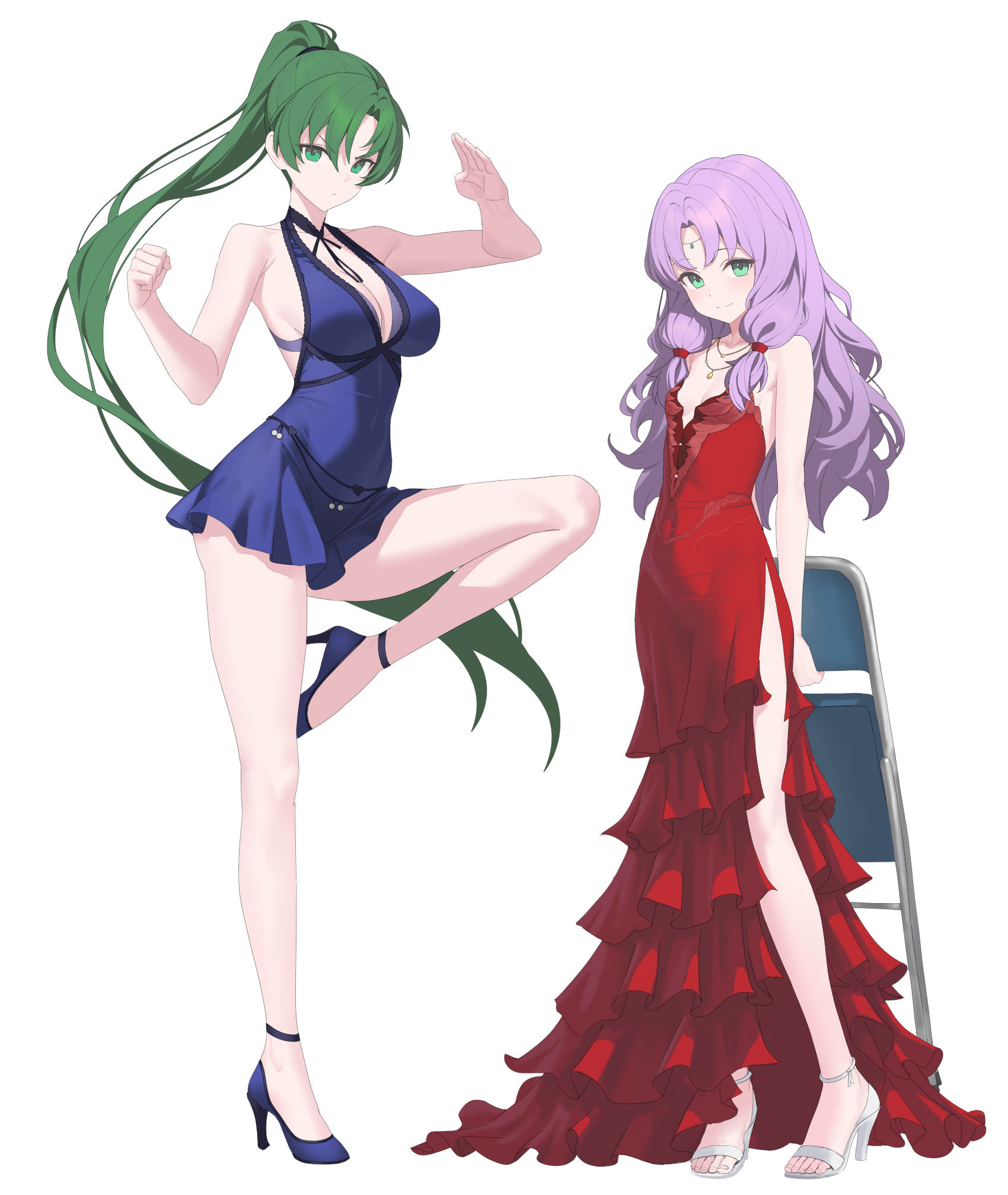 dhokidoki, florina (fire emblem), lyn (fire emblem), fire emblem, fire emblem: the blazing blade, nintendo, commission, highres, second-party source, 2girls, alternate costume, blue dress, dress, green eyes, green hair, high heels, high ponytail, multiple girls, ponytail, purple hair, red dress