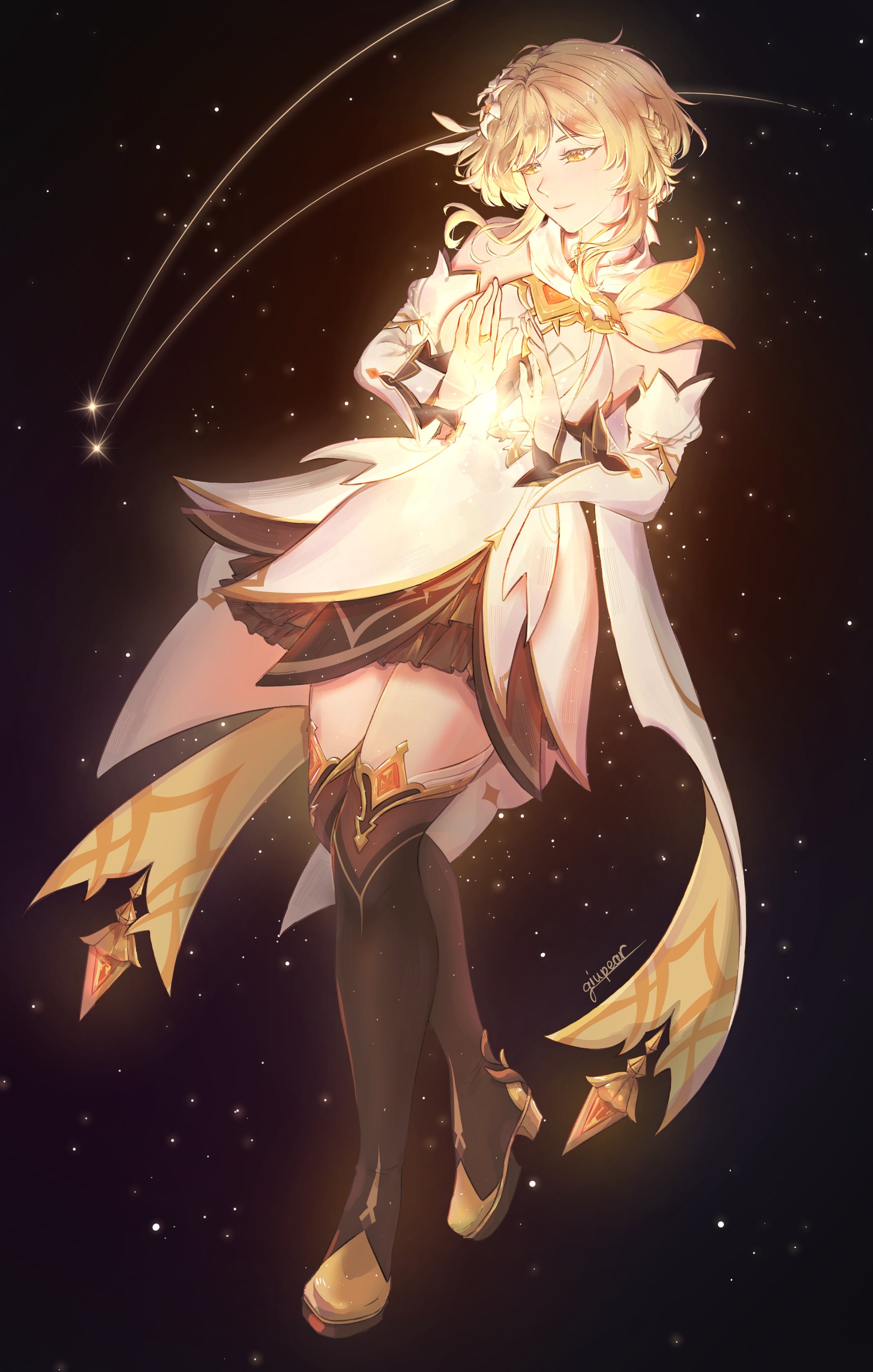 lumine (as heaven and earth are made anew) (genshin impact), lumine (genshin impact), genshin impact, absurdres, commentary, english commentary, highres, 1girl, bare shoulders, blonde hair, boots, breasts, brown boots, closed mouth, detached sleeves, dress, facing viewer, flower, full body, giupear, glowing, hair flower, hair ornament, hands up, light smile, long sleeves, medium breasts, official alternate costume, scarf, shooting star, short hair with long locks, signature, solo, star (sky), starry sky background, thigh boots, white dress, white scarf, yellow eyes