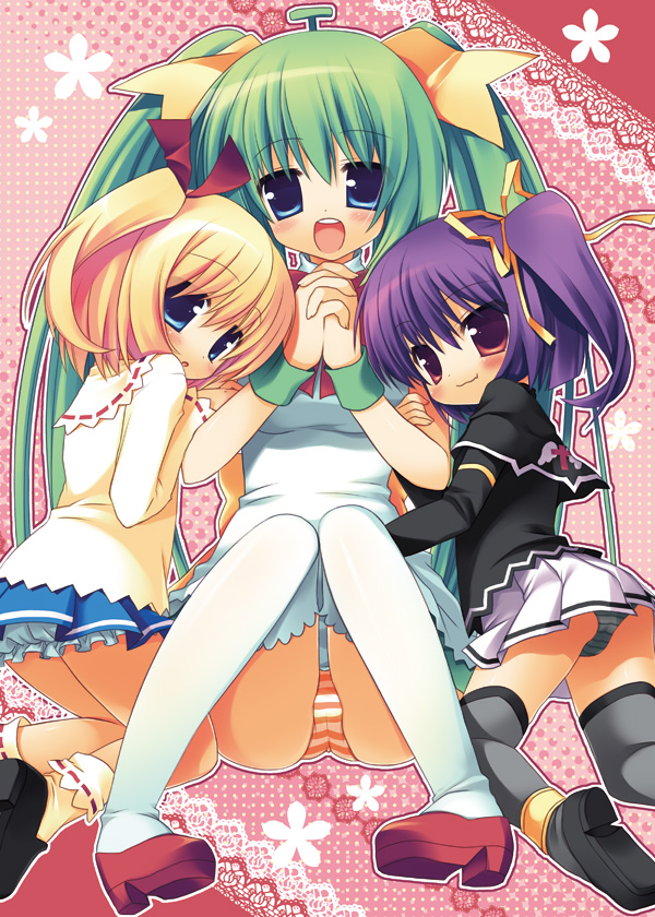 sazaki ichiri, black lemon-chan, lemon-chan, melon-chan, melonbooks, 3girls, blue eyes, bow, green hair, grey panties, hair ribbon, long hair, multiple girls, own hands clasped, own hands together, panties, pantyshot, ribbon, sitting, striped clothes, striped panties, thighhighs, twintails, underwear, very long hair, white thighhighs, wrist cuffs, yellow bow
