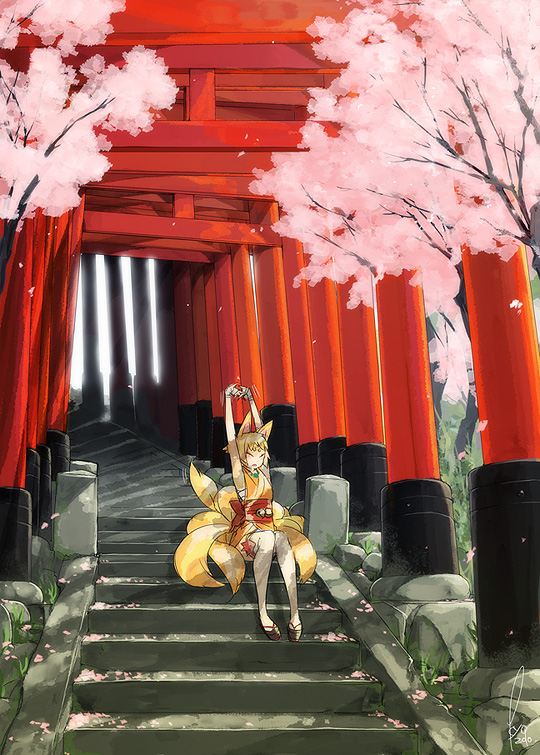 kyo (kuroichigo), original, 1girl, animal ears, arms up, bandages, bell, blonde hair, cherry blossoms, closed eyes, eyeshadow, female focus, fox ears, fox tail, full body, geta, japanese clothes, jewelry, jingle bell, kimono, makeup, multiple tails, nature, necklace, obi, outdoors, petals, sarashi, sash, short hair, short kimono, sitting, sitting on stairs, solo, stairs, stretching, tail, thighhighs, torii, white thighhighs, yawning