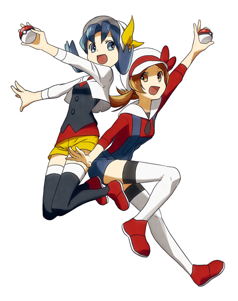 abe (f!mixture), kris (pokemon), lyra (pokemon), nintendo, pokemon, pokemon gsc, pokemon hgss, costume, bad id, bad pixiv id, 00s, 1990s (style), 2girls, blue eyes, blue hair, brown eyes, brown hair, hat, holding, holding poke ball, multiple girls, newsboy cap, open mouth, overalls, poke ball, poke ball (basic), retro artstyle, smile, thighhighs, twintails, zettai ryouiki