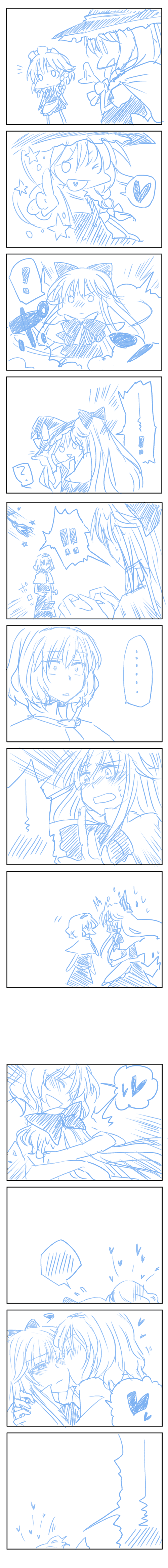 megumiya, alice margatroid, izayoi sakuya, kirisame marisa, shanghai doll, touhou, absurdres, bad id, bad pixiv id, highres, long image, tall image, blue theme, comic, female focus, heart, monochrome, silent comic, transformation, yuri