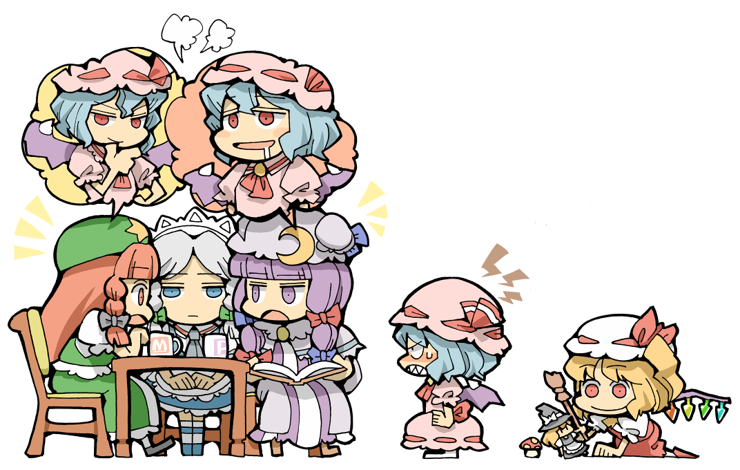 hounori, flandre scarlet, hong meiling, izayoi sakuya, kirisame marisa, patchouli knowledge, remilia scarlet, embodiment of scarlet devil, touhou, fume, bad id, bad pixiv id, 5girls, angry, blonde hair, blue eyes, book, chair, character doll, chibi, crescent, crescent moon, cup, doll, dress, female focus, hair ribbon, hat, maid, maid headdress, moon, mug, multiple girls, mushroom, open mouth, purple eyes, ribbon, saliva, sitting, smile, speech bubble, star (symbol), table
