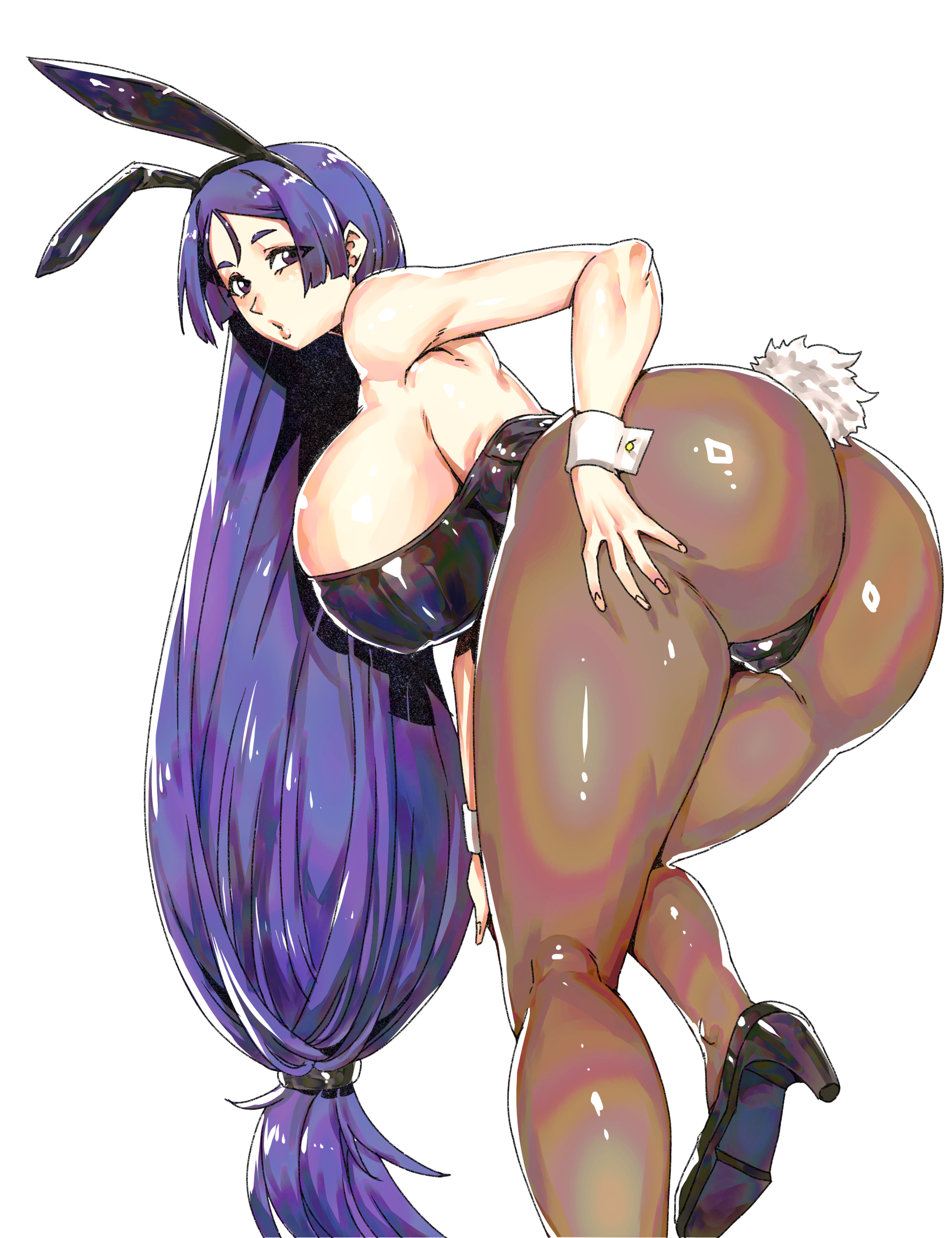 minew, minamoto no raikou (fate), fate/grand order, fate (series), absurdres, commentary, english commentary, highres, 1girl, animal ears, ass, bare shoulders, bent over, black leotard, breasts, brown pantyhose, fake animal ears, huge breasts, leotard, long hair, looking at viewer, looking back, pantyhose, parted bangs, playboy bunny, purple eyes, purple hair, rabbit ears, rabbit tail, solo, tail, thighs, very long hair, wrist cuffs