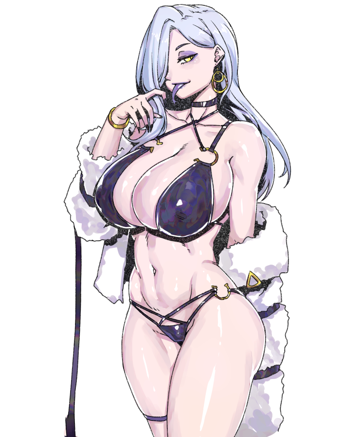 minew, hebi nyoubou (fate), mrs. snake (second ascension) (fate), fate/grand order, fate (series), commentary request, korean commentary, 1girl, bare shoulders, bikini, black bikini, blue lips, bracelet, breasts, choker, cleavage, collarbone, colored tongue, earrings, eyeliner, hair over one eye, hoop earrings, jacket, jewelry, large breasts, long hair, long sleeves, long tongue, looking at viewer, makeup, navel, off shoulder, purple tongue, smile, swimsuit, thighs, tongue, tongue out, white hair, white jacket, yellow eyes