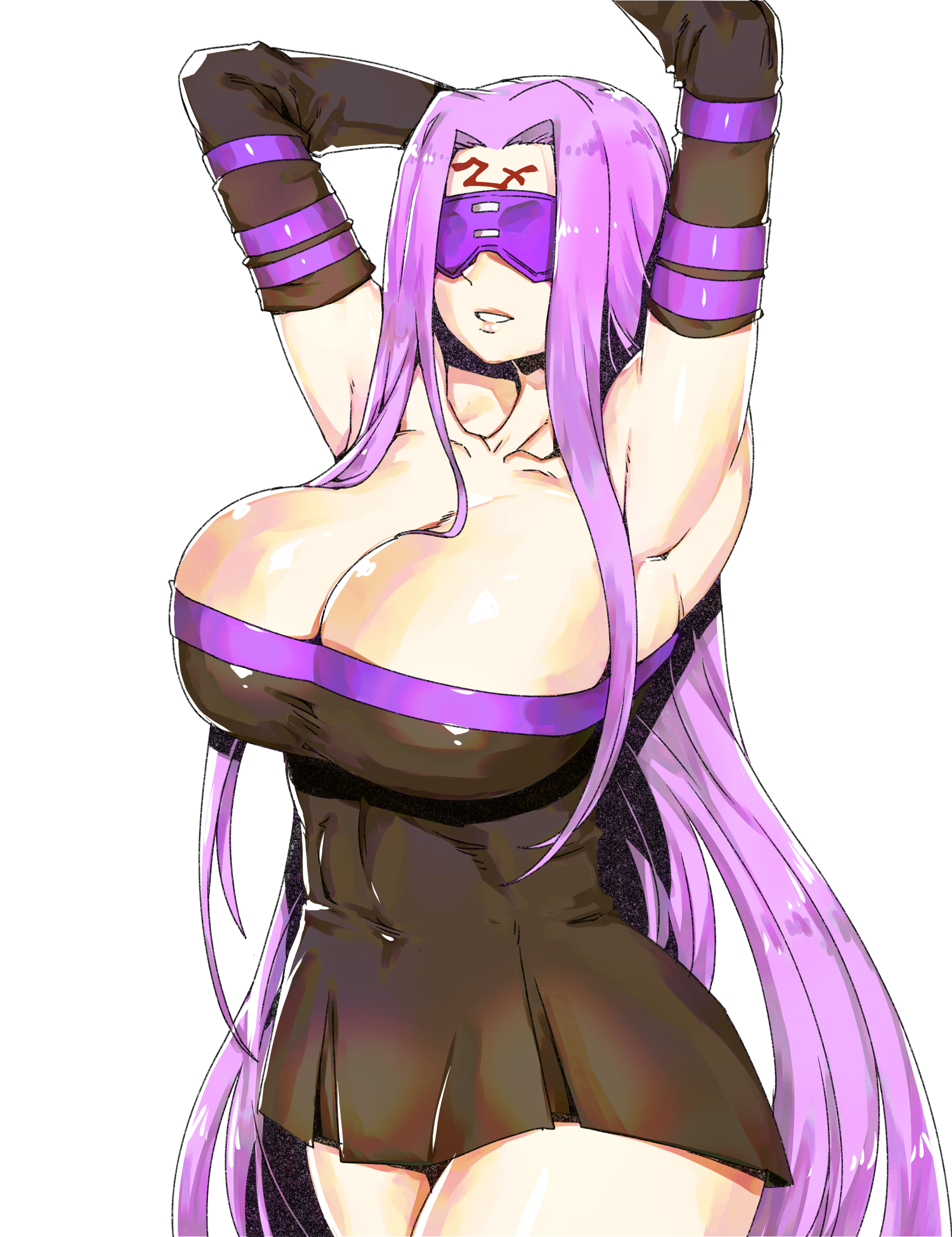 minew, medusa (fate), medusa (rider) (fate), fate/stay night, fate (series), absurdres, commentary, english commentary, highres, 1girl, armpits, arms up, bare shoulders, black dress, blindfold, breasts, cleavage, collar, covered navel, detached sleeves, dress, facial mark, forehead, forehead mark, large breasts, long hair, parted bangs, purple hair, short dress, sidelocks, solo, very long hair
