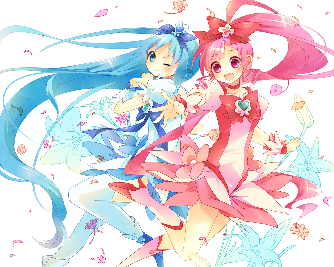 yamiya (8 18dlq), cure blossom, cure marine, hanasaki tsubomi, kurumi erika, heartcatch precure!, precure, 10s, 2girls, blue eyes, blue hair, blue skirt, boots, brooch, earrings, hair ornament, heart, heart brooch, high ponytail, jewelry, knee boots, long hair, magical girl, multiple girls, one eye closed, petals, pink eyes, pink hair, ponytail, skirt, thighhighs, very long hair, wink