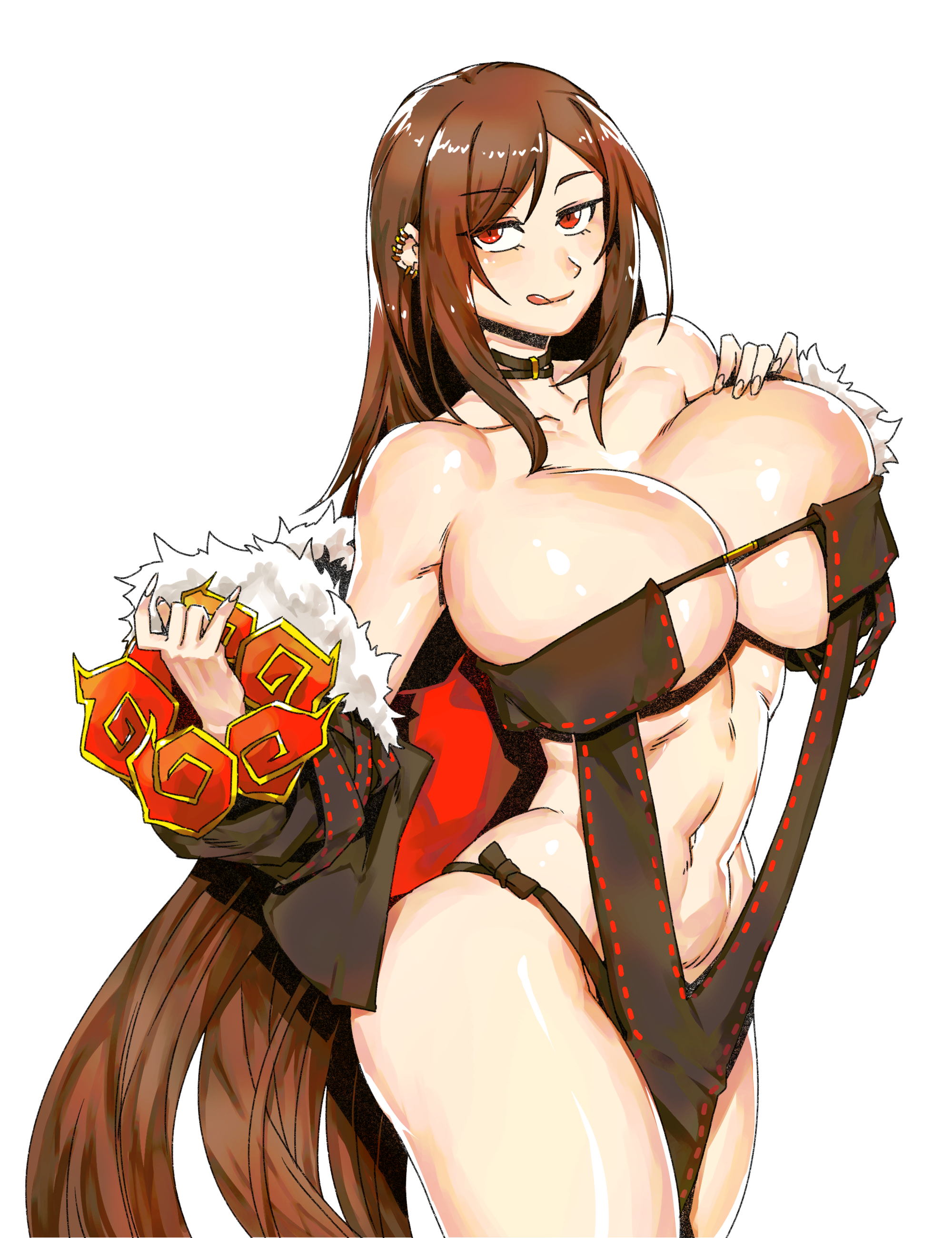 minew, yu mei-ren (fate), yu mei-ren (third ascension) (fate), fate/grand order, fate (series), absurdres, commentary request, highres, korean commentary, 1girl, bare shoulders, black dress, black gloves, black jacket, blush, breasts, brown hair, center opening, choker, cleavage, collarbone, cropped jacket, dress, earrings, elbow gloves, fur-trimmed jacket, fur trim, gloves, jacket, jewelry, large breasts, licking lips, long hair, looking at viewer, navel, off shoulder, open clothes, open jacket, pelvic curtain, red eyes, ribbon-trimmed dress, ribbon trim, smile, solo, thighs, tongue, tongue out, very long hair
