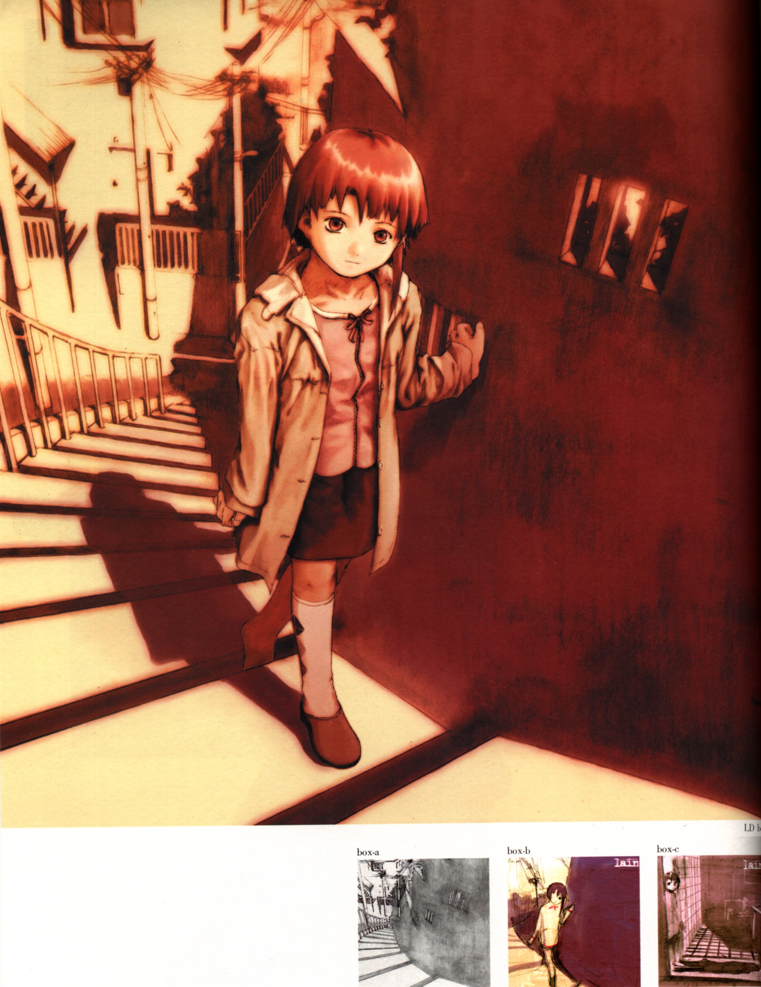 abe yoshitoshi, iwakura lain, serial experiments lain, argyle legwear, absurdres, artbook, highres, official art, scan, traditional media, 1990s (style), 1girl, argyle clothes, brown eyes, brown hair, coat, dusk, from above, head tilt, looking up, monochrome, partially colored, power lines, retro artstyle, short hair, sketch, skirt, stairs, utility pole, window