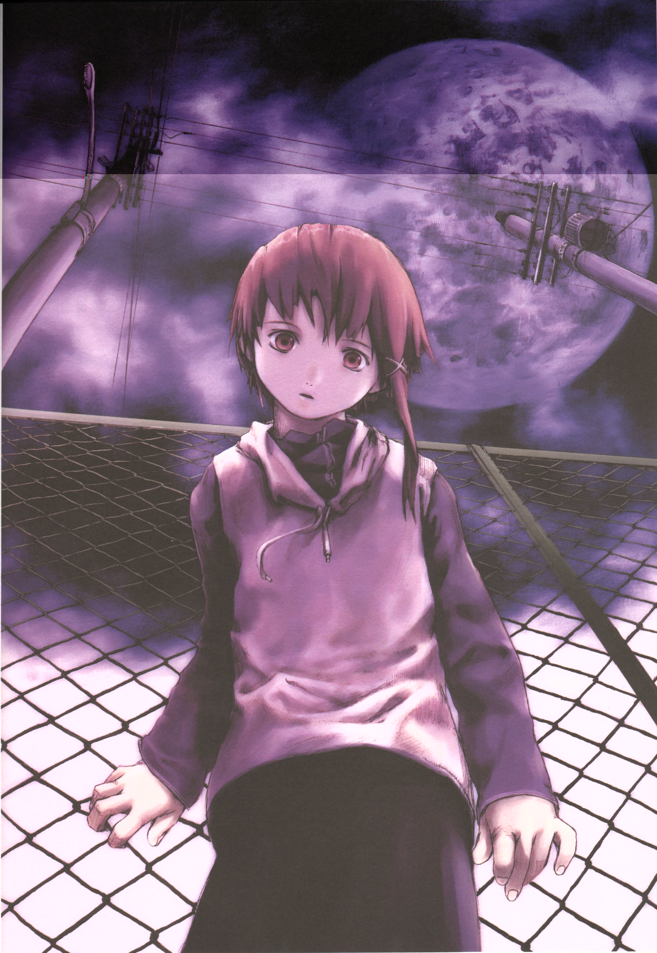 abe yoshitoshi, iwakura lain, serial experiments lain, absurdres, artbook, highres, official art, scan, 1990s (style), 1girl, brown eyes, brown hair, chain-link fence, cloud, female focus, fence, from below, head tilt, hood, hoodie, lamppost, looking down, moon, power lines, purple theme, retro artstyle, short hair, skirt, sky, solo, utility pole