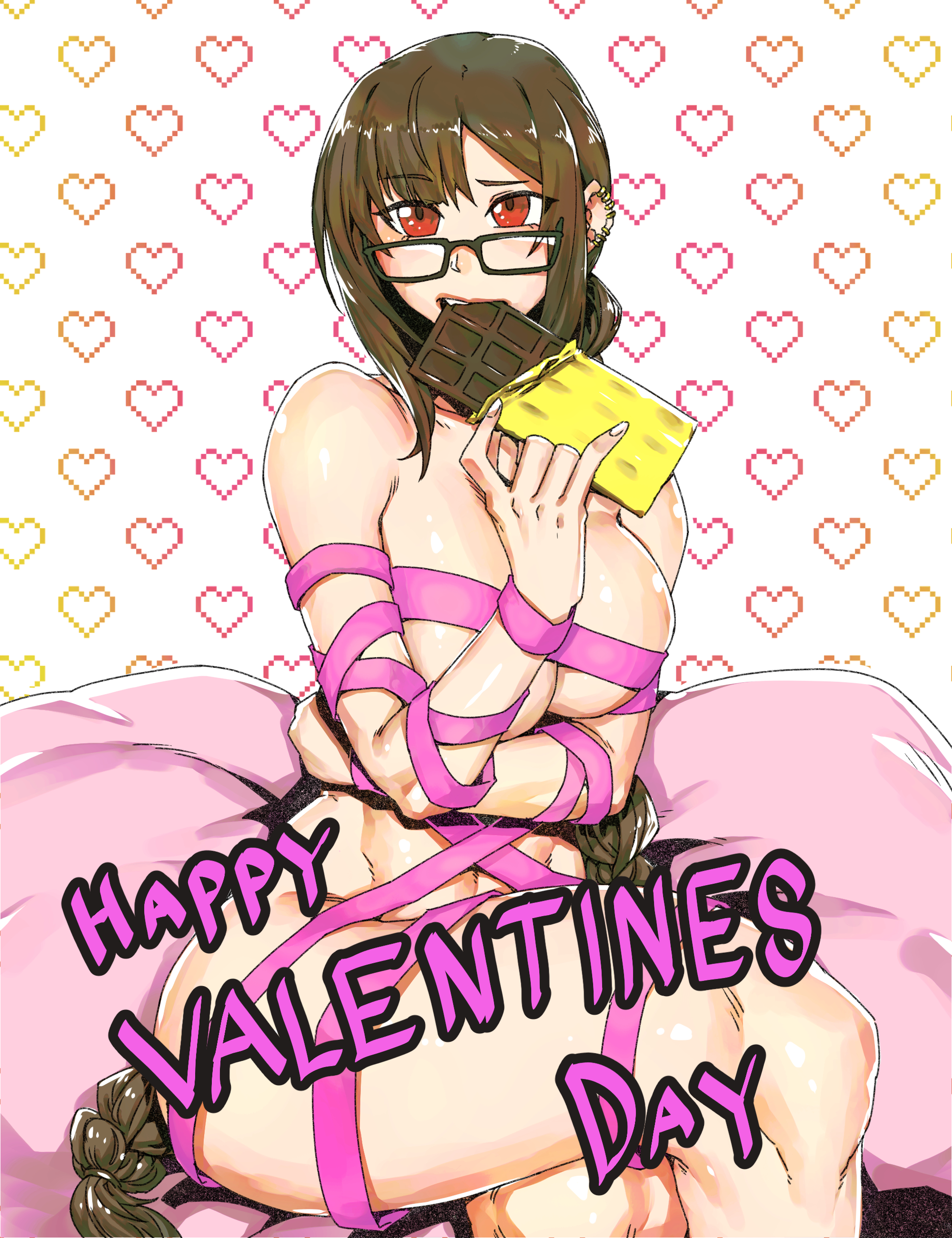 minew, yu mei-ren (fate), fate/grand order, fate (series), absurdres, commentary, english commentary, highres, 1girl, bare shoulders, blush, braid, braided ponytail, breasts, brown hair, candy, chocolate, chocolate bar, cleavage, earrings, eating, food, glasses, happy valentine, jewelry, large breasts, long hair, looking at viewer, naked ribbon, pink ribbon, red eyes, ribbon, sitting, solo, thighs, very long hair