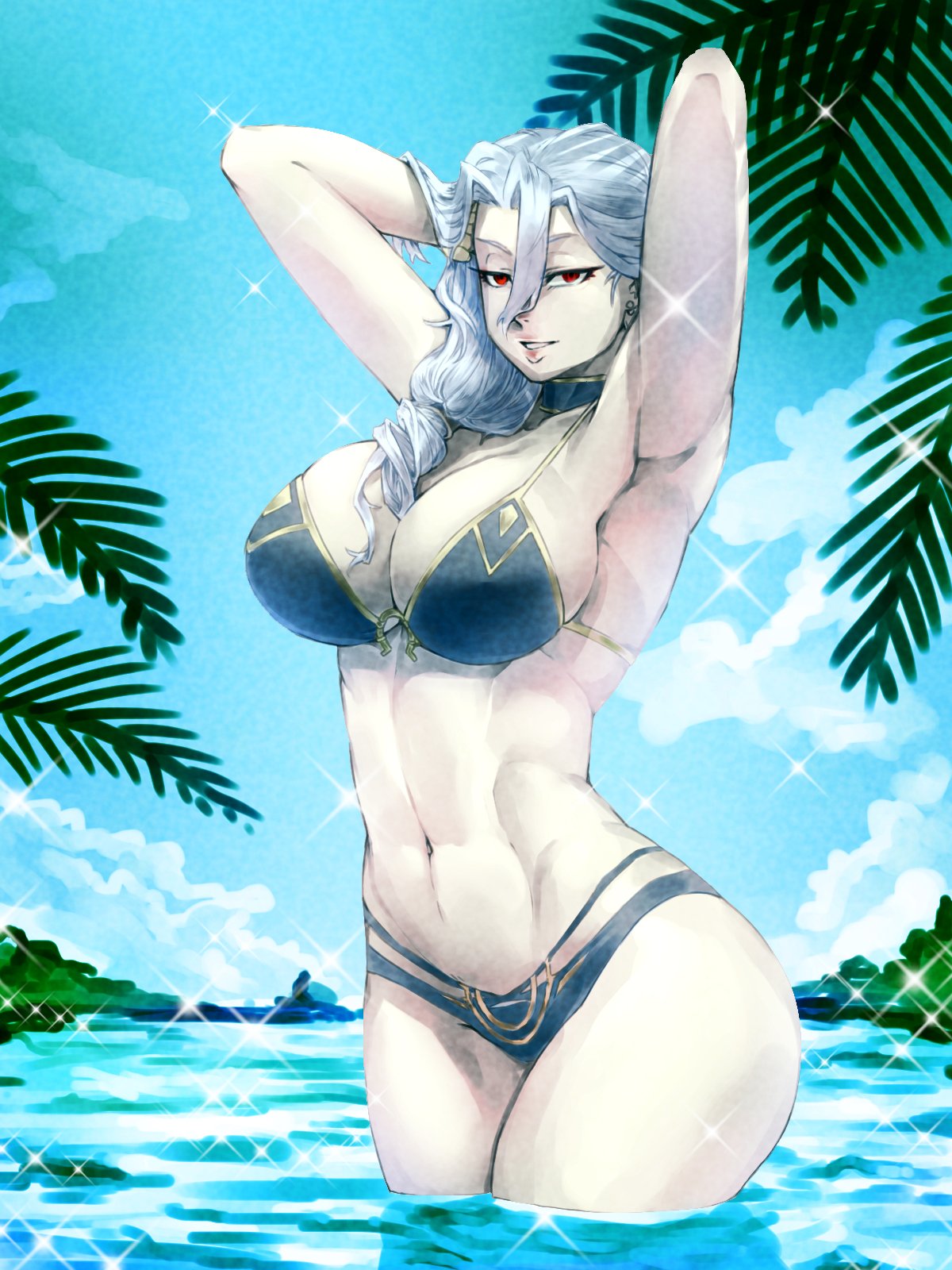 minew, carmilla (fate), carmilla (swimsuit rider) (third ascension) (fate), fate/grand order, fate (series), commentary, english commentary, highres, 1girl, armpits, arms behind head, arms up, bare shoulders, bikini, black bikini, blue sky, breasts, choker, cleavage, forehead, grin, large breasts, long hair, looking at viewer, navel, parted bangs, sky, smile, solo, sparkle, swimsuit, thighs, white hair, yellow eyes