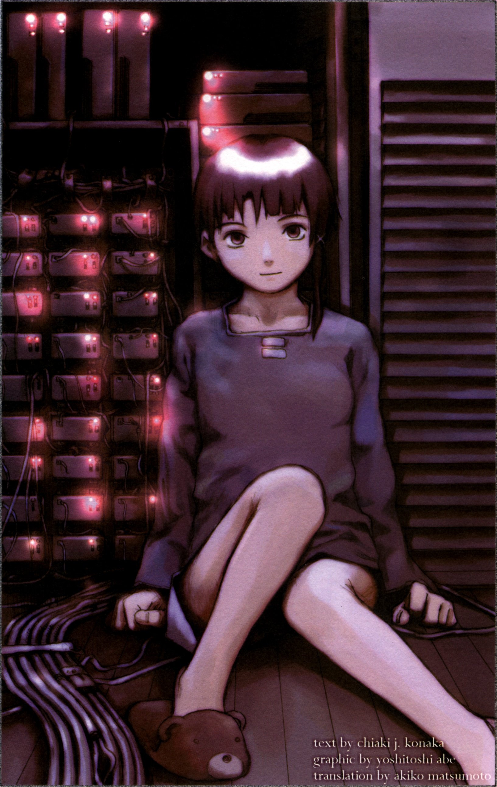 abe yoshitoshi, iwakura lain, serial experiments lain, absurdres, artbook, highres, official art, scan, 1990s (style), 1girl, animal slippers, brown eyes, brown hair, cable, computer, dress, english text, female focus, retro artstyle, server (computer), short hair, sitting, slippers, solo