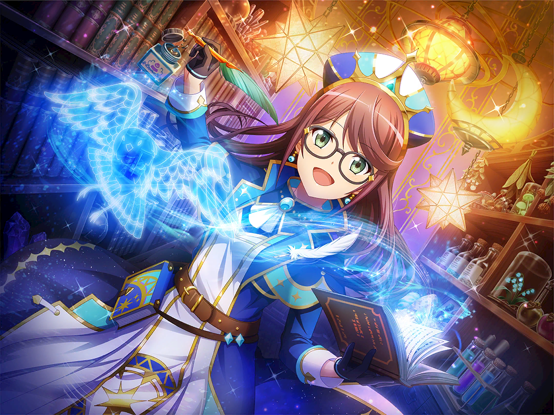 hoshimi junna, shoujo kageki revue starlight, shoujo kageki revue starlight -re live-, game cg, official art, 1girl, belt, bird, black gloves, blue hat, blue jacket, book, bookshelf, brown belt, dutch angle, earrings, flask, gloves, green eyes, hair down, half gloves, hat, holding, holding book, holding quill, indoors, inkwell, jacket, jewelry, lamp, long hair, long sleeves, looking at viewer, magic, mitre, open book, open mouth, purple hair, quill, solo, standing, swept bangs, upper body