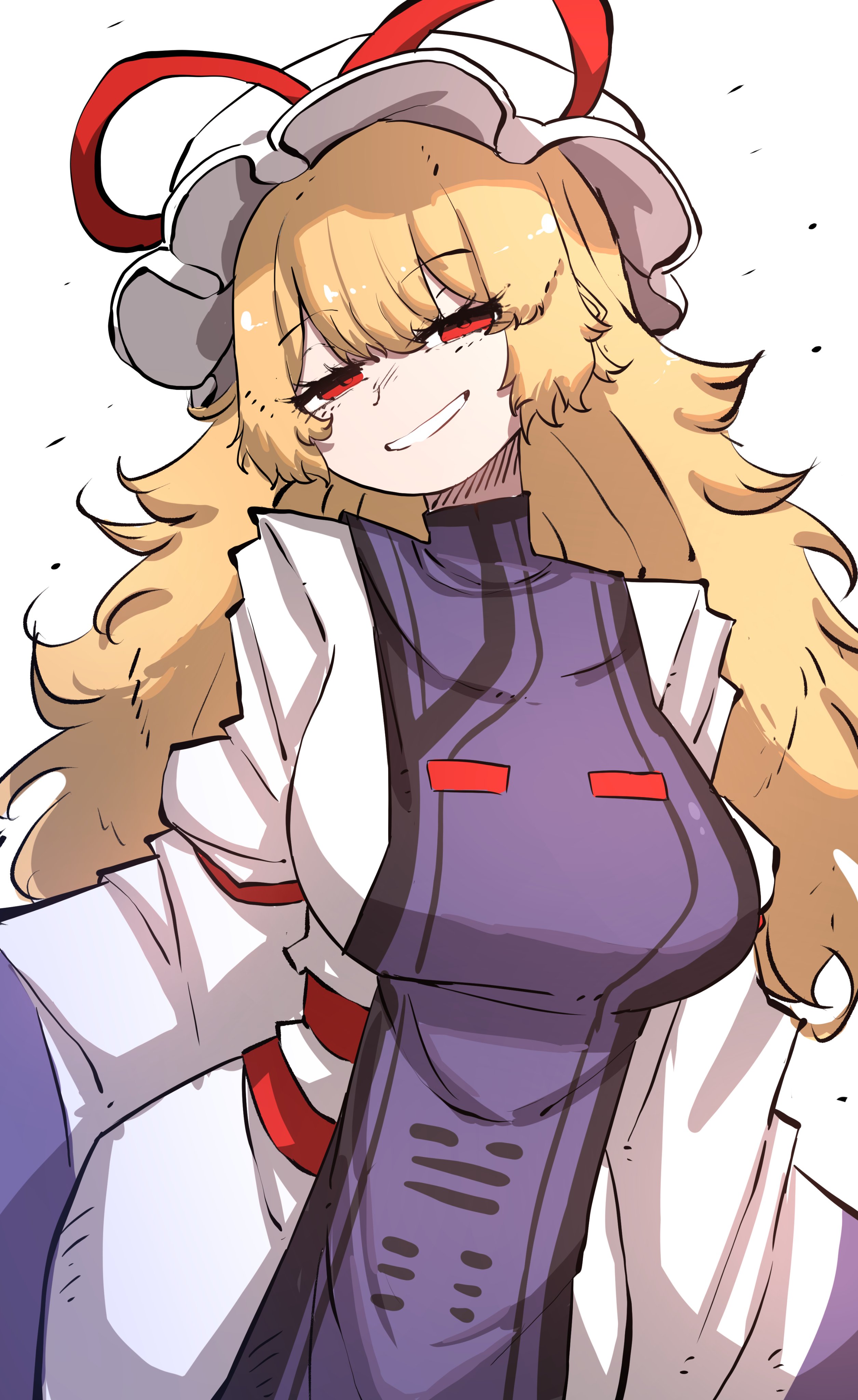 smug suriipi, yakumo yukari, touhou, absurdres, commentary, highres, 1girl, blonde hair, breasts, grin, hat, hat ribbon, large breasts, long hair, long sleeves, looking at viewer, mob cap, purple tabard, red eyes, red ribbon, ribbon, simple background, smile, solo, tabard, white background, white hat, wide sleeves