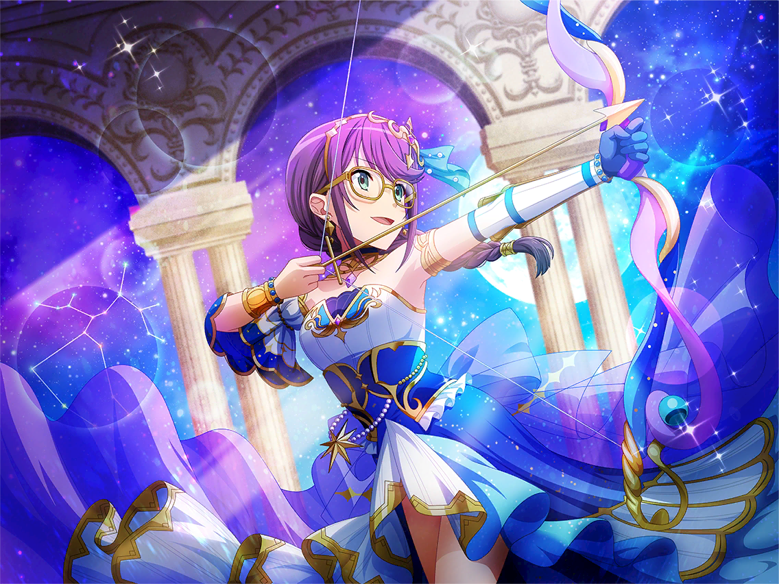 hoshimi junna, shoujo kageki revue starlight, shoujo kageki revue starlight -re live-, game cg, official art, 1girl, aiming, armlet, arrow (projectile), blue gloves, bow (weapon), bracelet, braid, dress, dutch angle, earrings, gloves, green eyes, headpiece, holding, holding arrow, holding bow (weapon), holding weapon, jewelry, long hair, parted lips, pillar, purple hair, sagittarius (constellation), sidelocks, single braid, single glove, solo, standing, strapless, strapless dress, upper body, weapon, white dress