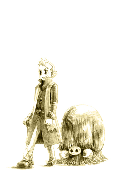chiba (tibaacss), piloswine, pryce (pokemon), nintendo, pokemon, pokemon hgss, 00s, 1boy, cane, coat, gen 2 pokemon, gym leader, male focus, monochrome, old, old man, pokemon (creature), sepia, simple background, tusks, white background