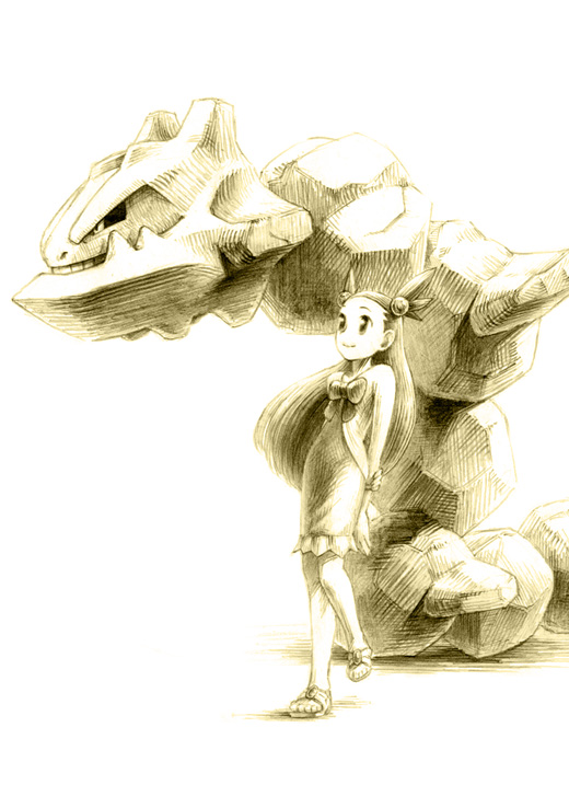 chiba (tibaacss), jasmine (pokemon), steelix, nintendo, pokemon, pokemon hgss, 00s, 1girl, bare shoulders, dress, gen 2 pokemon, gym leader, long hair, monochrome, pokemon (creature), sandals, sepia, simple background, sundress, two side up, white background