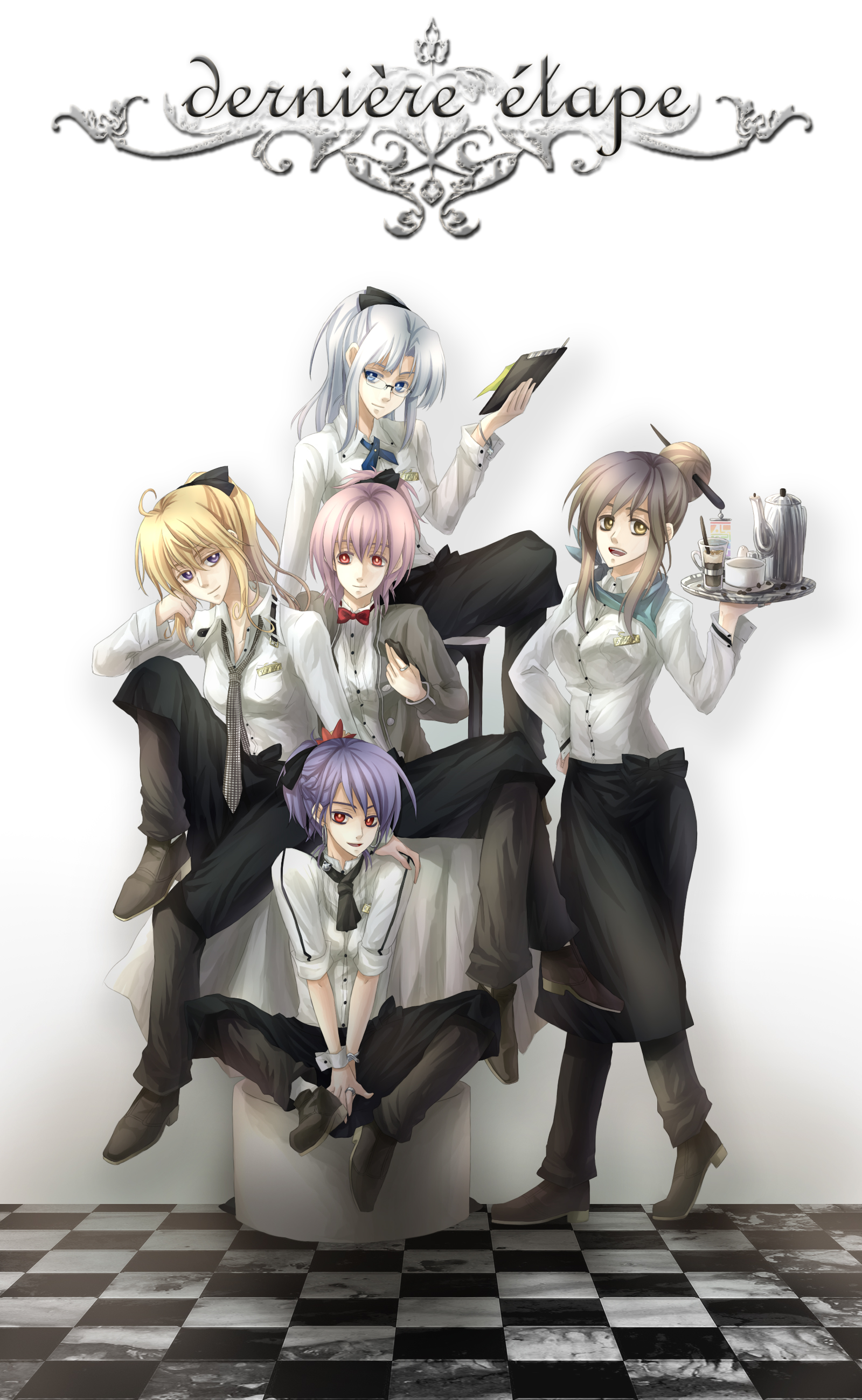 pclbang, hijiri byakuren, saigyouji yuyuko, yagokoro eirin, yakumo yukari, yasaka kanako, touhou, silver hair, absurdres, bad id, bad pixiv id, highres, 5girls, blonde hair, blue eyes, bow, bowtie, brown hair, clipboard, female focus, formal clothes, french text, glasses, hair bun, hair ribbon, multicolored hair, multiple girls, necktie, needle, pant suit, pants, pink hair, ponytail, purple eyes, purple hair, red eyes, ribbon, single hair bun, suit, traditional bowtie, waitress, yellow eyes