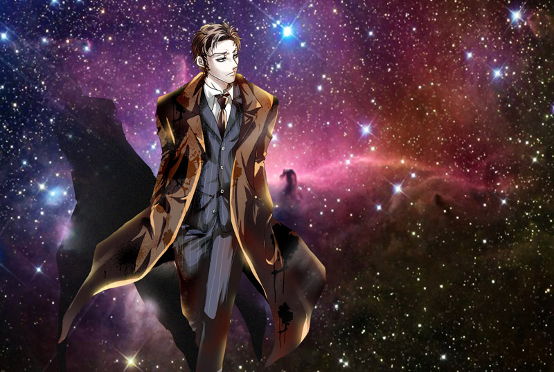 raye (raichis), tenth doctor, tenth doctor (doctor who), the doctor, doctor who, 1boy, animification, coat, formal clothes, hands in pockets, male focus, necktie, solo, space, suit, the doctor (doctor who)