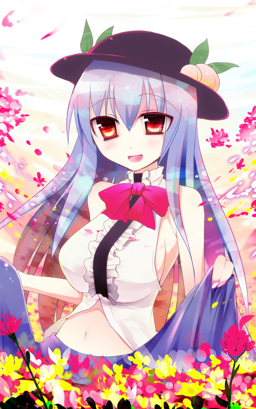 kujiran, hinanawi tenshi, touhou, 1girl, alternate breast size (larger), bare shoulders, blue hair, bow, bowtie, breasts, female focus, field, flower, flower field, food, fruit, hat, large breasts, long hair, midriff, navel, peach, red eyes, sideboob, smile, solo