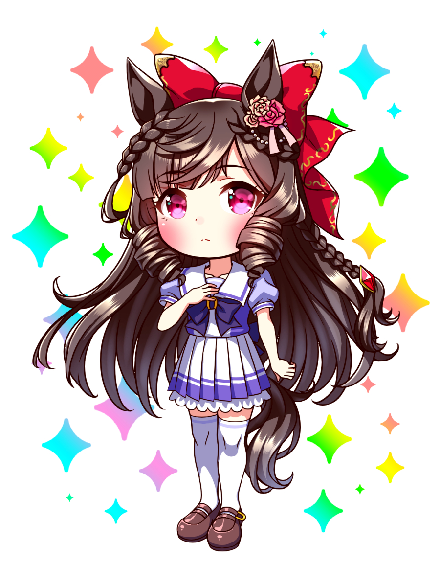sugimotty nova, daiichi ruby (umamusume), umamusume, commentary request, highres, 1girl, animal ears, blush, bow, bowtie, braid, breasts, brown hair, chibi, chibi only, closed mouth, collarbone, drill hair, drill sidelocks, ear flower, flower, full body, hair bow, hair ornament, horse ears, horse girl, horse tail, long hair, looking at viewer, pleated skirt, puffy short sleeves, puffy sleeves, purple bow, purple bowtie, purple eyes, purple shirt, red bow, sailor collar, sailor shirt, school uniform, shirt, shoes, short sleeves, side drill, sidelocks, skirt, small breasts, solo, tail, thighhighs, tracen school uniform, twin drills, white sailor collar, white skirt, white thighhighs, zettai ryouiki