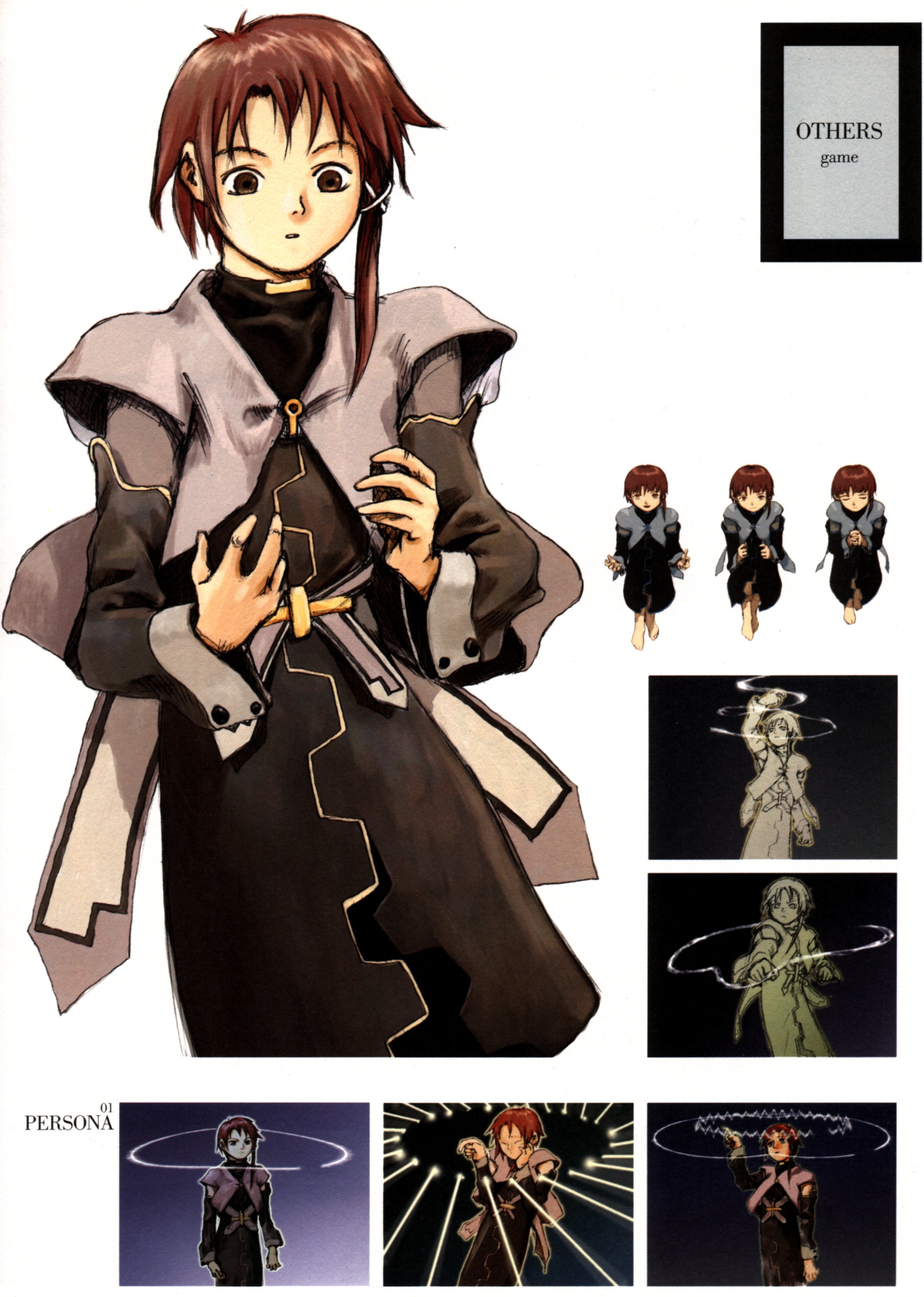 abe yoshitoshi, iwakura lain, serial experiments lain, serial experiments lain (psx), absurdres, artbook, highres, official art, scan, 1990s (style), 1girl, brown eyes, brown hair, cowboy shot, english text, female focus, multiple views, reference sheet, retro artstyle, short hair, standing